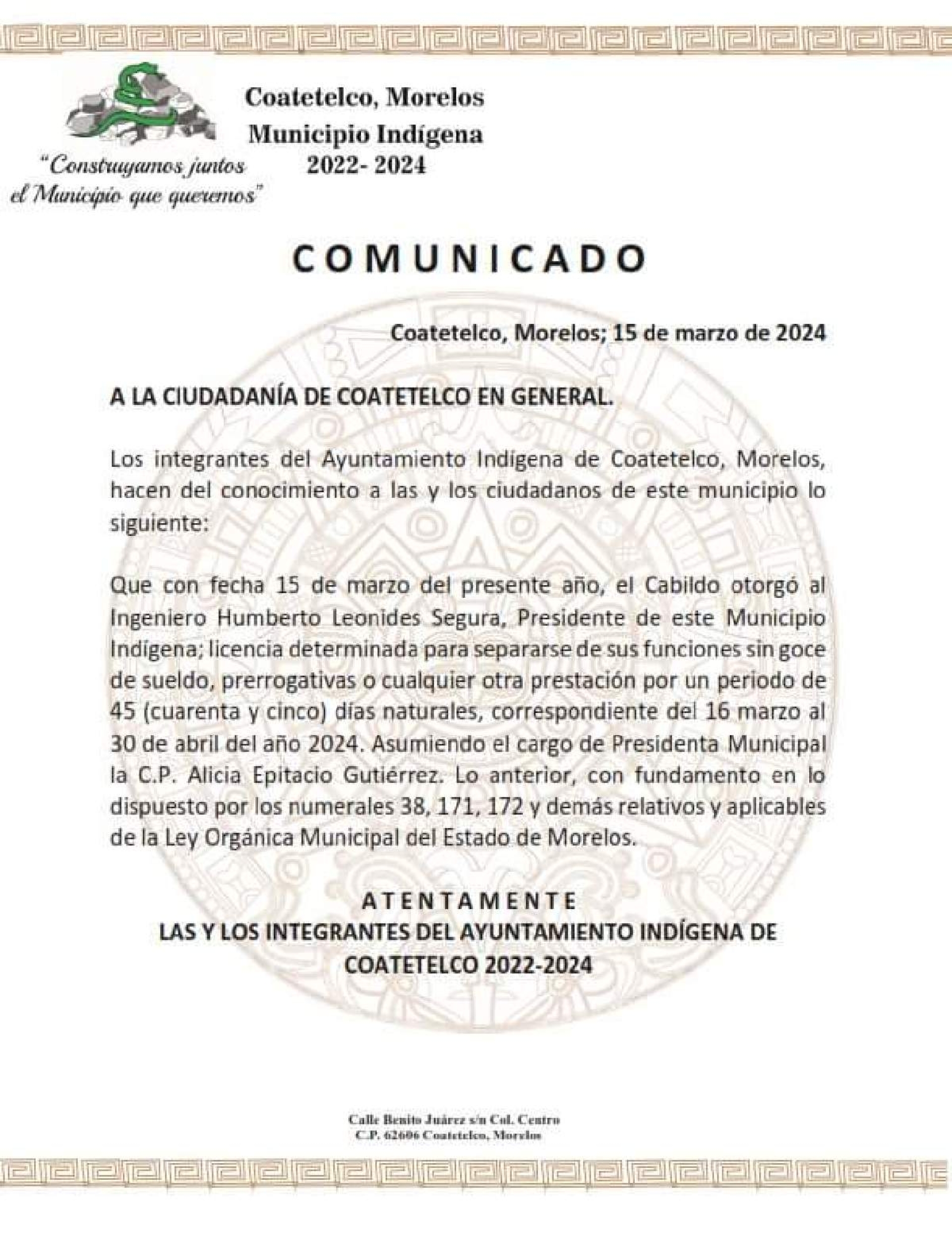 El presidente municipal de Coatetelco se separó del cargo