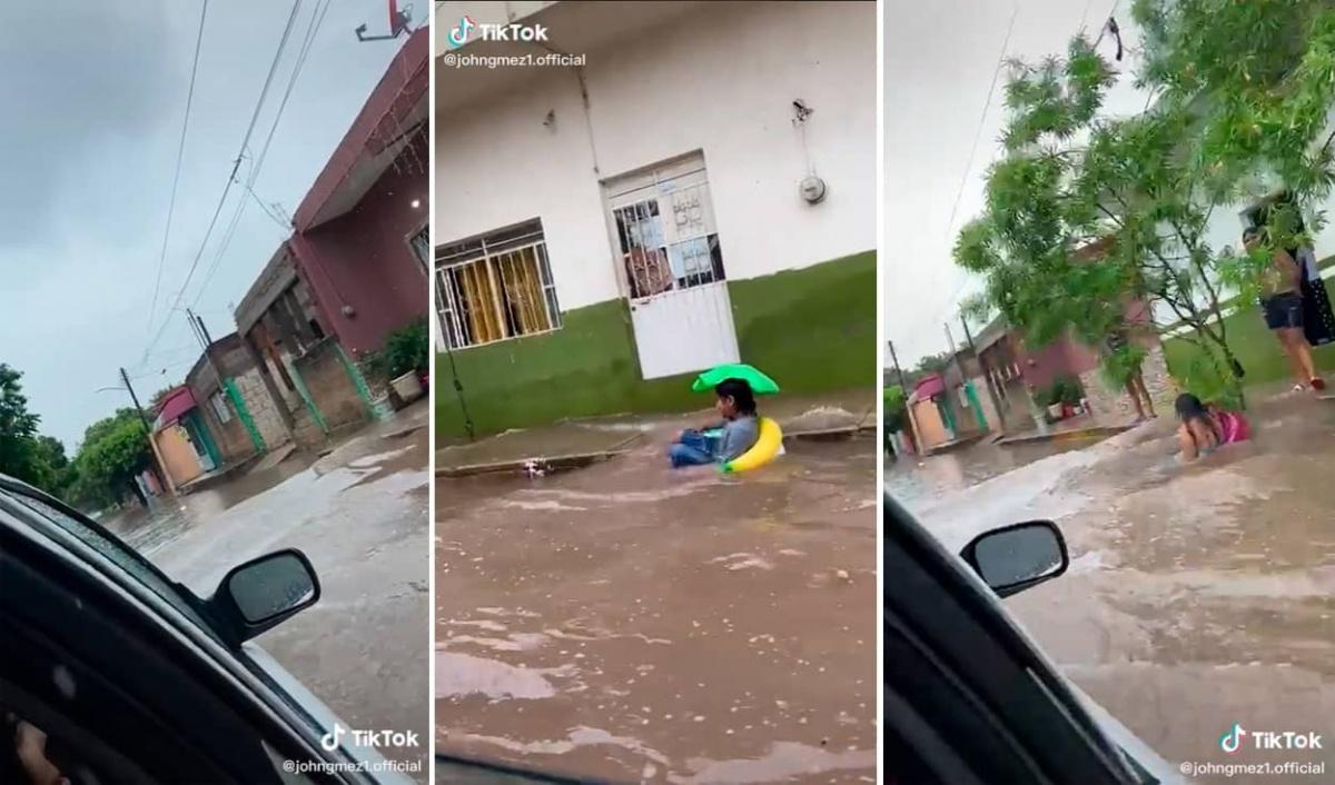 Niños juegan con flotadores tras inundaciones en México