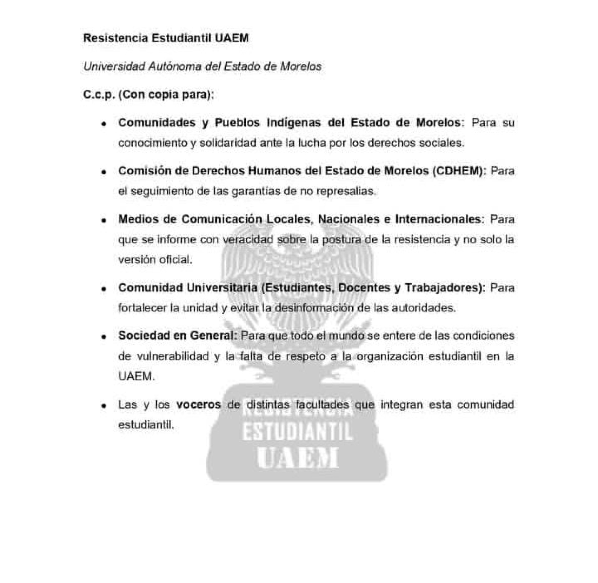 Resistencia Estudiantil UAEM no permitirá ingreso a polideportivo del campus Chamilpa para entrega de carta de garantías