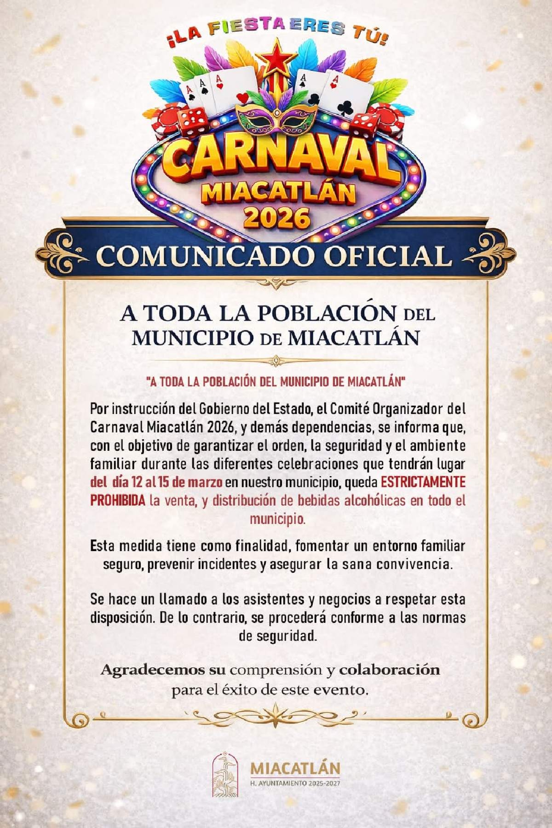 Prohibirán venta de alcohol en carnaval de Miacatlán