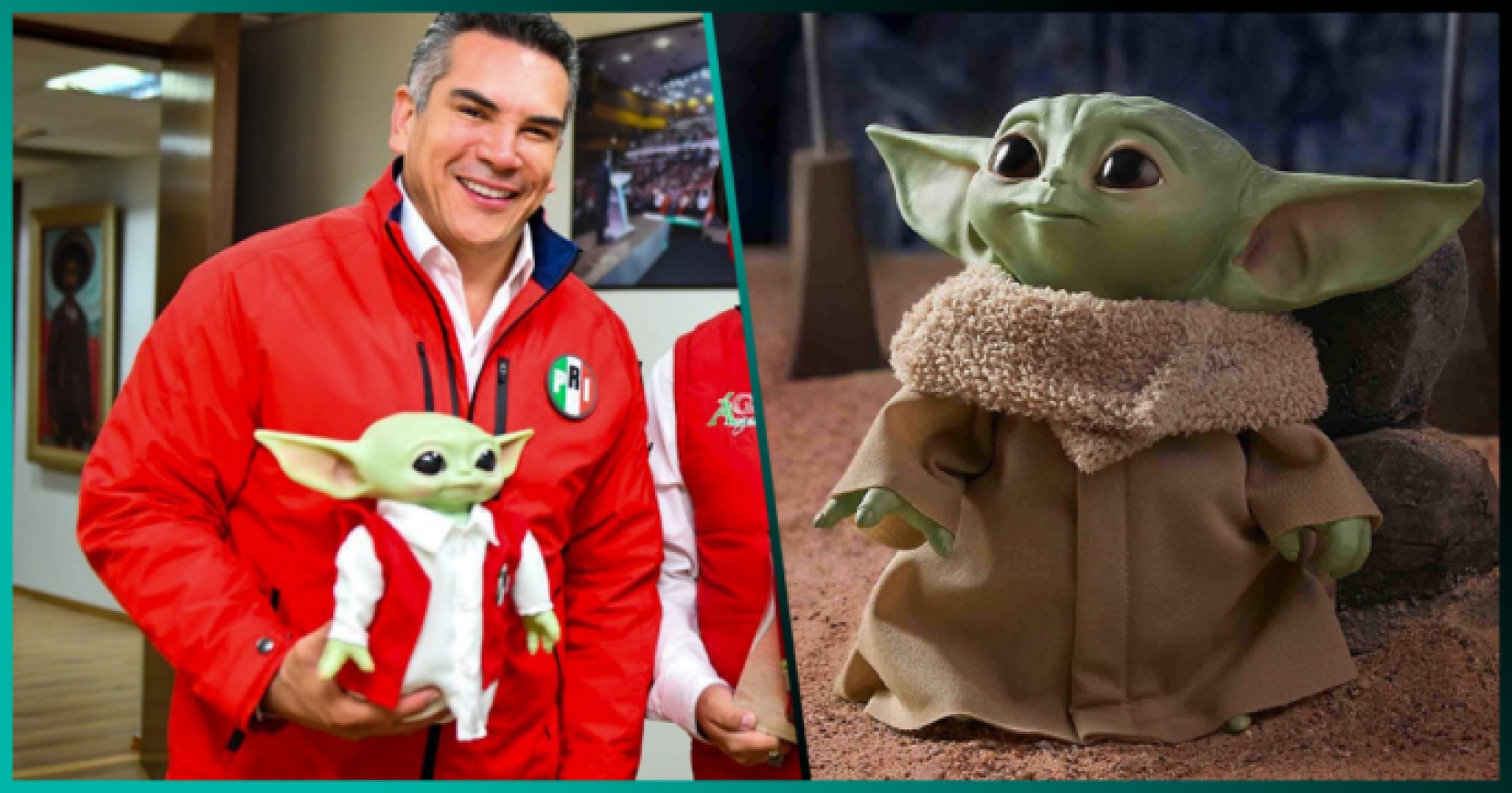 Solo en México: Presidente del PRI viste a “Baby Yoda” con los colores de su partido