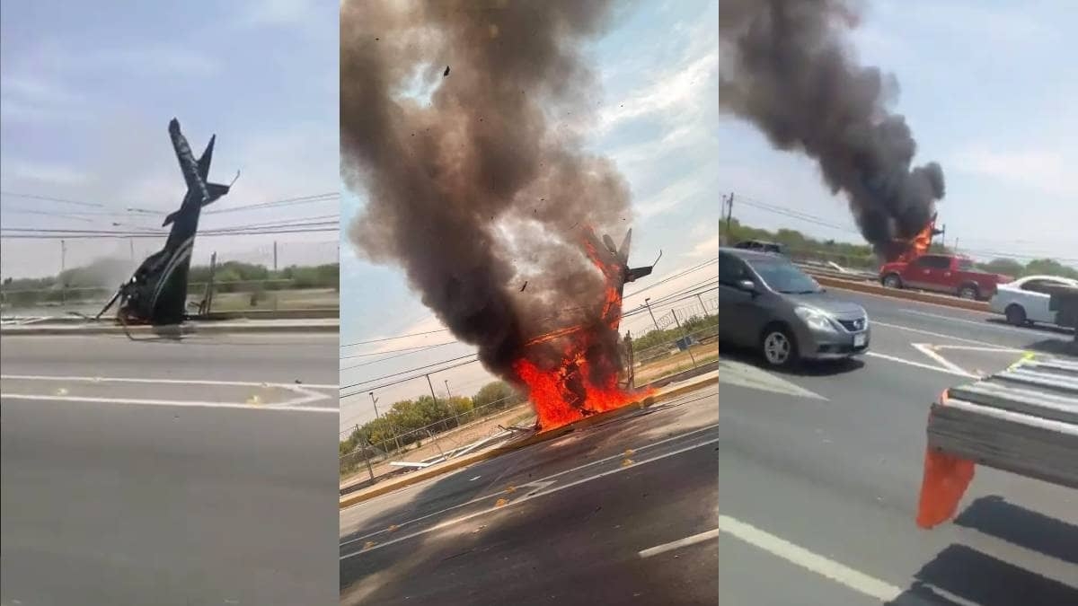 Cae helicóptero y se incendia en carretera de Apodaca, Nuevo León