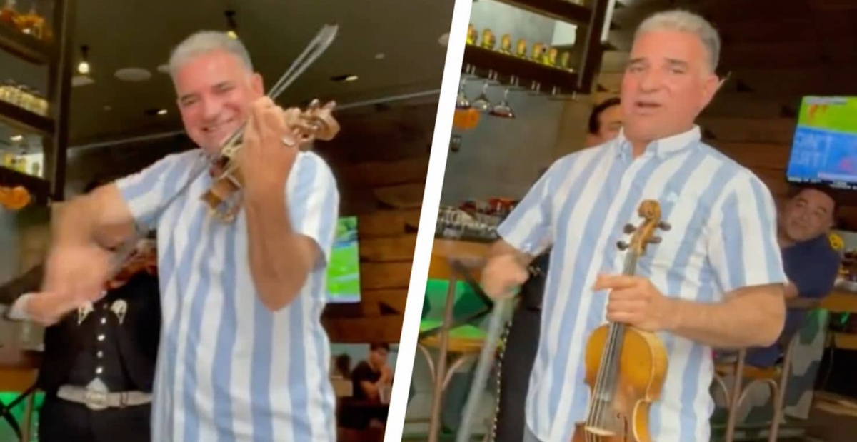 Hombre se roba el show de unos mariachis en un "restaurante"