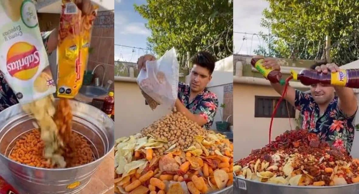 Tiktoker presume "la botana más grande del mundo", la mezcla de sabores se viralizó