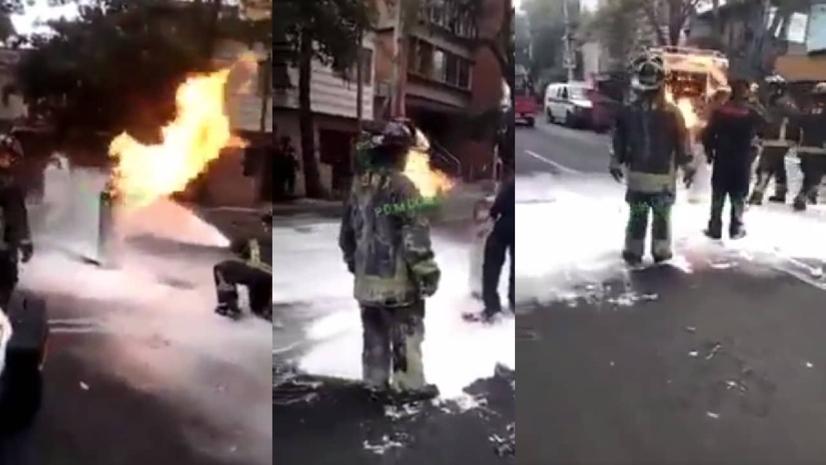 Bombero de CDMX carga tanque de gas en llamas para evitar explosión
