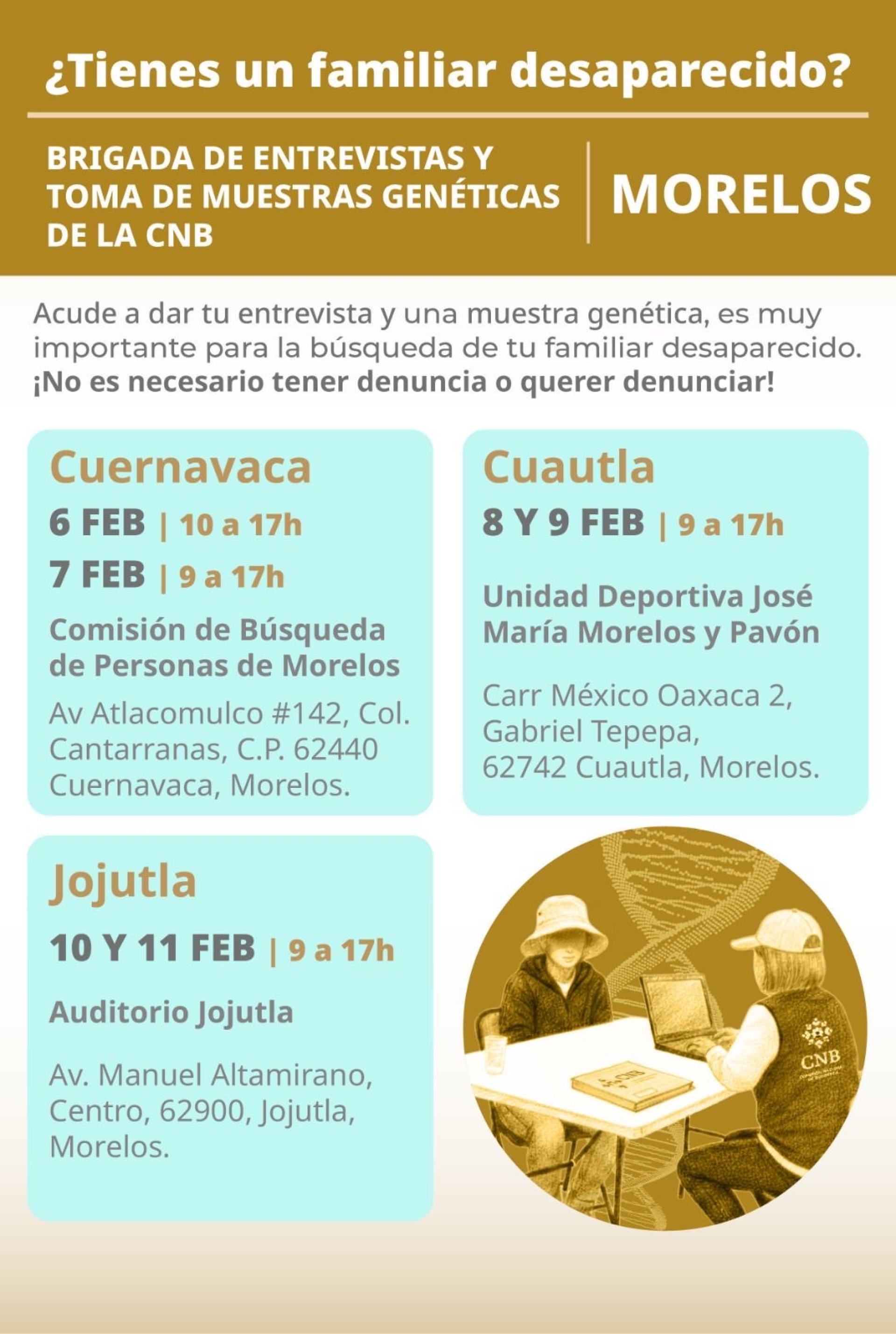 Realizarán comisiones nacional y estatal de Búsqueda jornadas de toma de muestras genéticas y entrega de resultados en Morelos