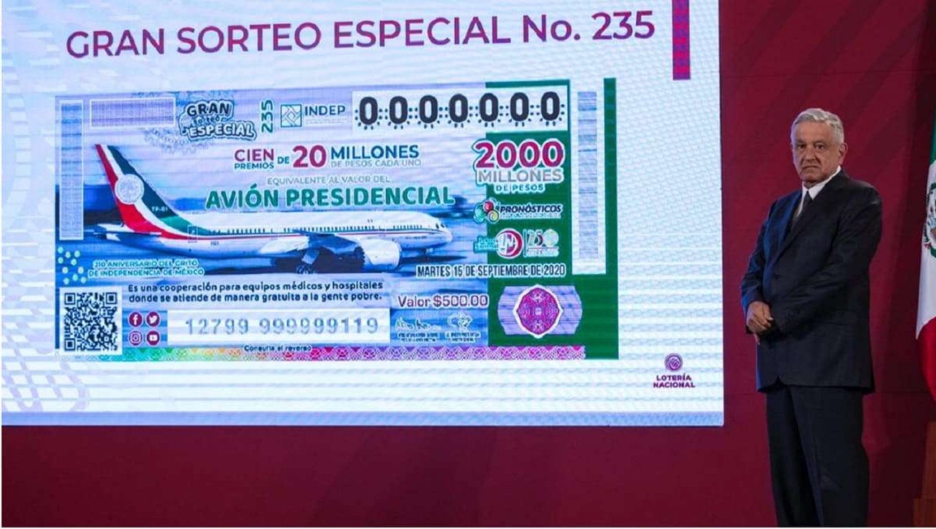 La Lotería Nacional pagó 264 millones de pesos al Insabi por el sorteo del avión Presidencial