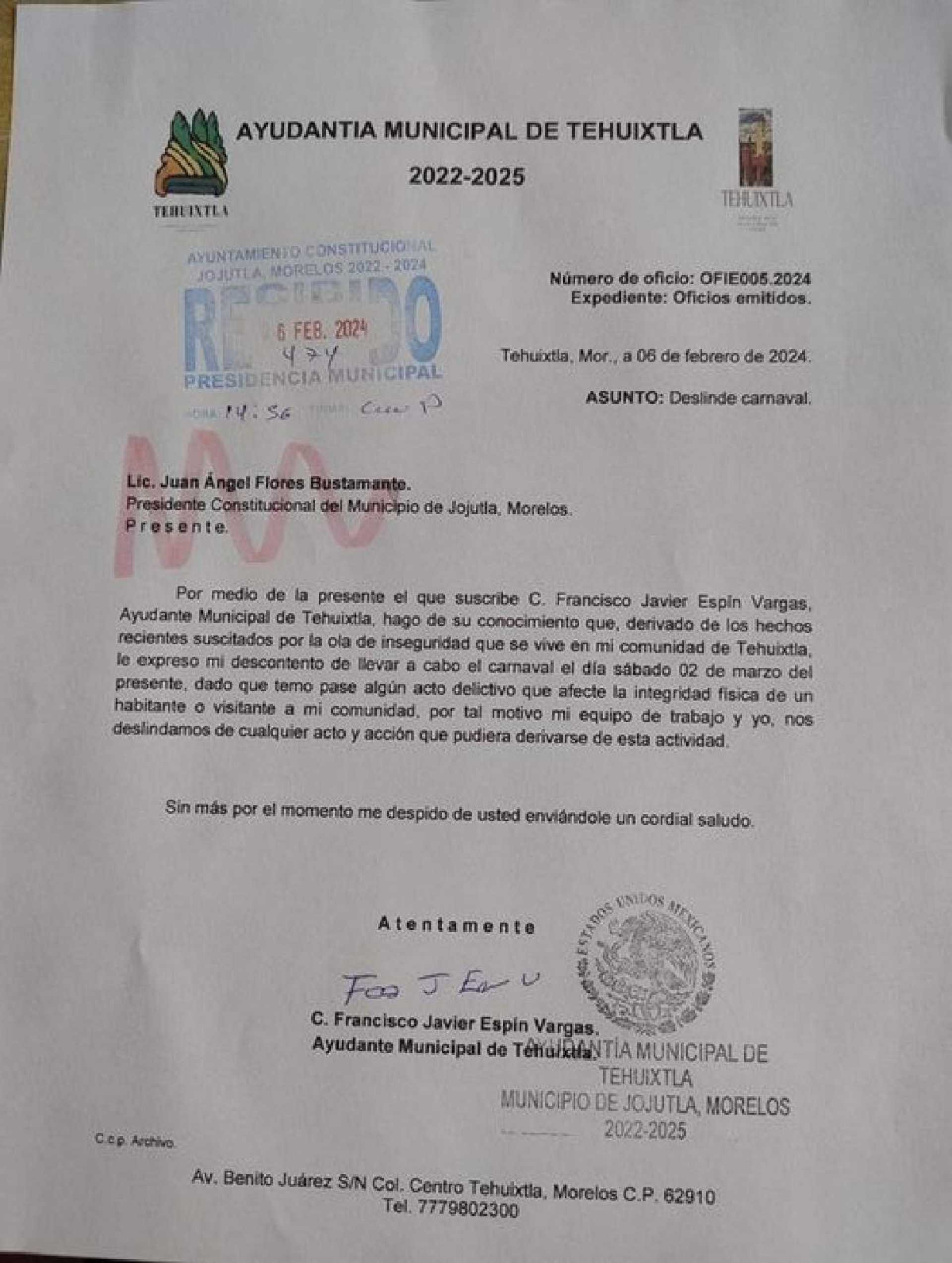 Ayudantía no autoriza carnaval en Tehuixtla