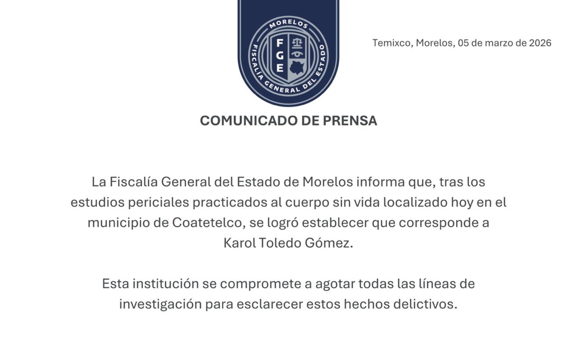 El cuerpo sin vida localizado hoy en Coatetelco corresponde a Karol Toledo Gómez: FGE Morelos