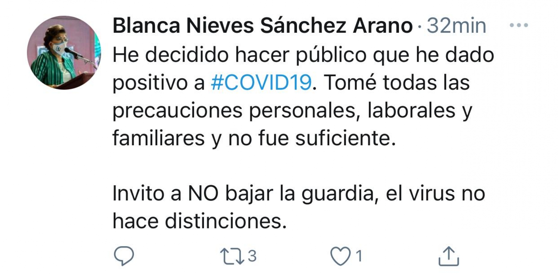 Diputada Blanca Nieves Sánchez Arano da positivo a covid-19