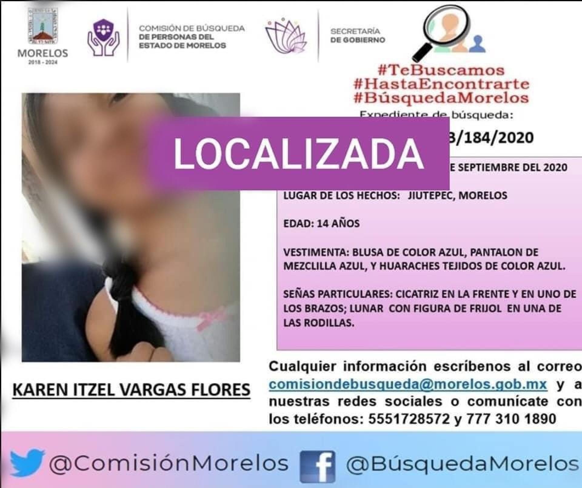 Localiza Comisión de Búsqueda a menor de 14 años de edad desaparecida