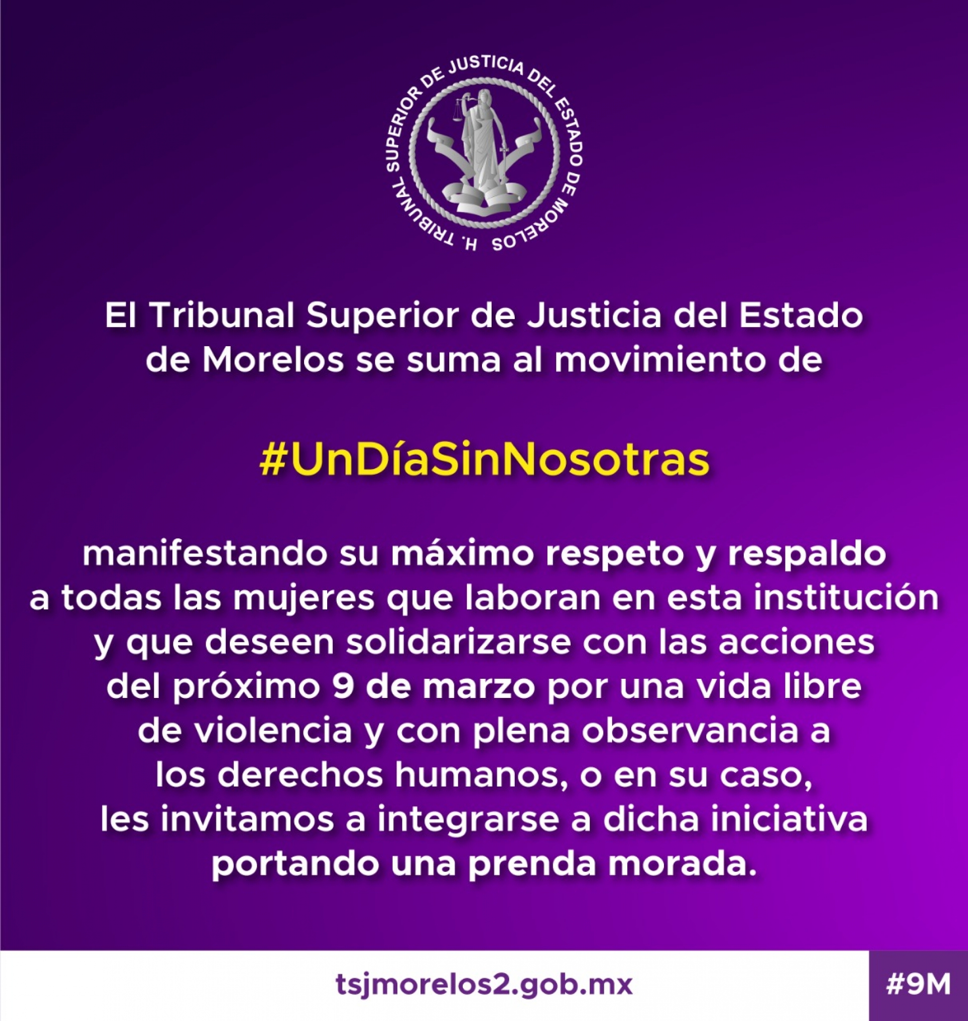Reitera TSJ su adhesión al movimiento #UnDíaSinNosotras