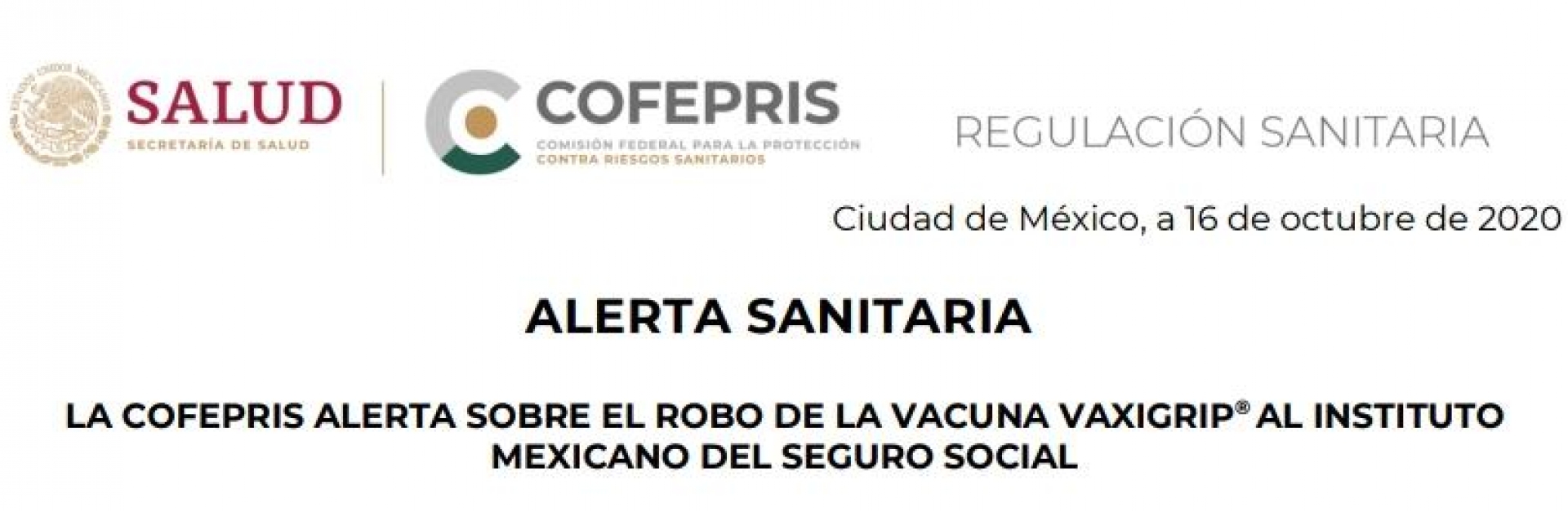 Alerta Cofepris sobre robo de vacuna 'Vaxigrip' contra la influenza