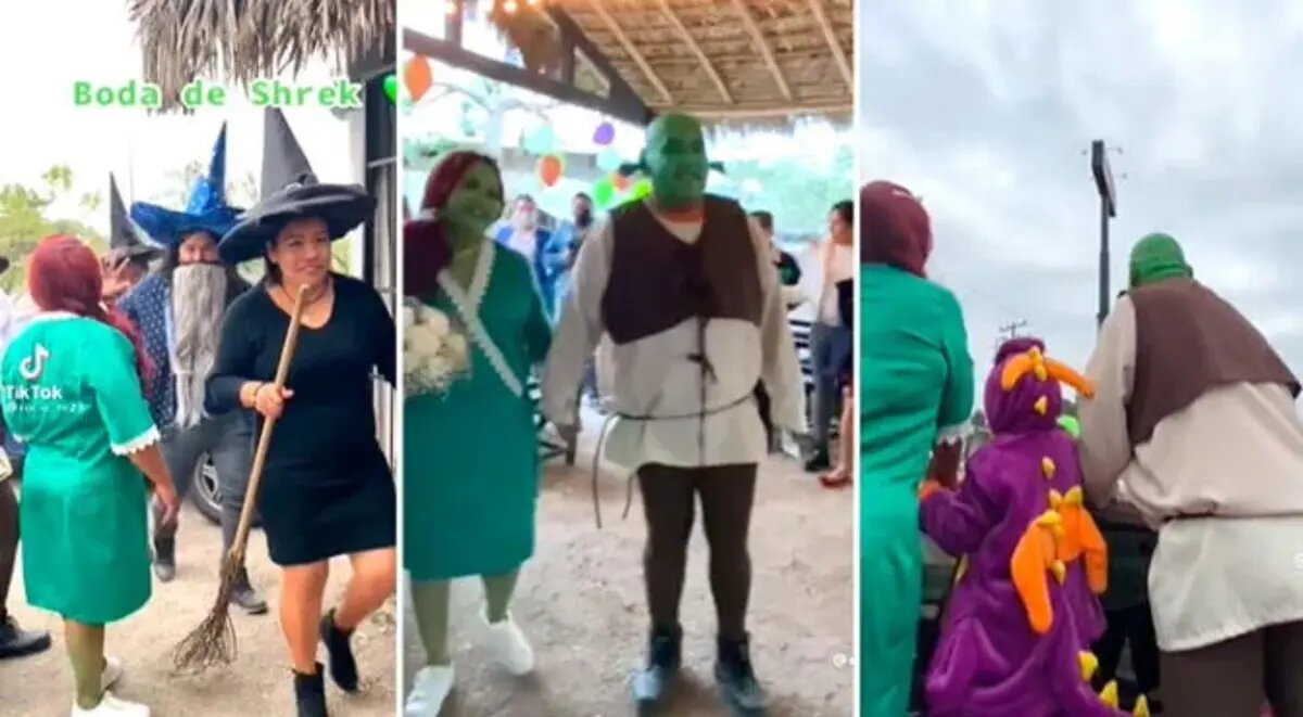 Con divertida idea se casan vestidos de Shrek y Fiona