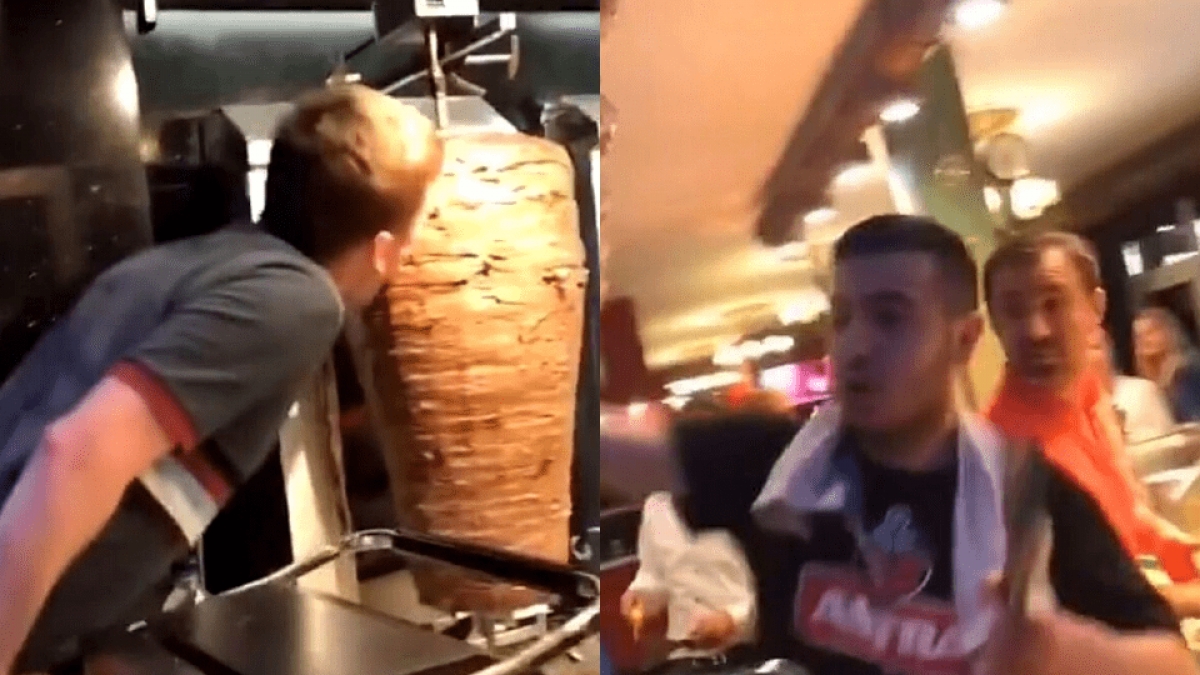 Hombre muerde trompo de tacos al pastor y taquero lo golpea