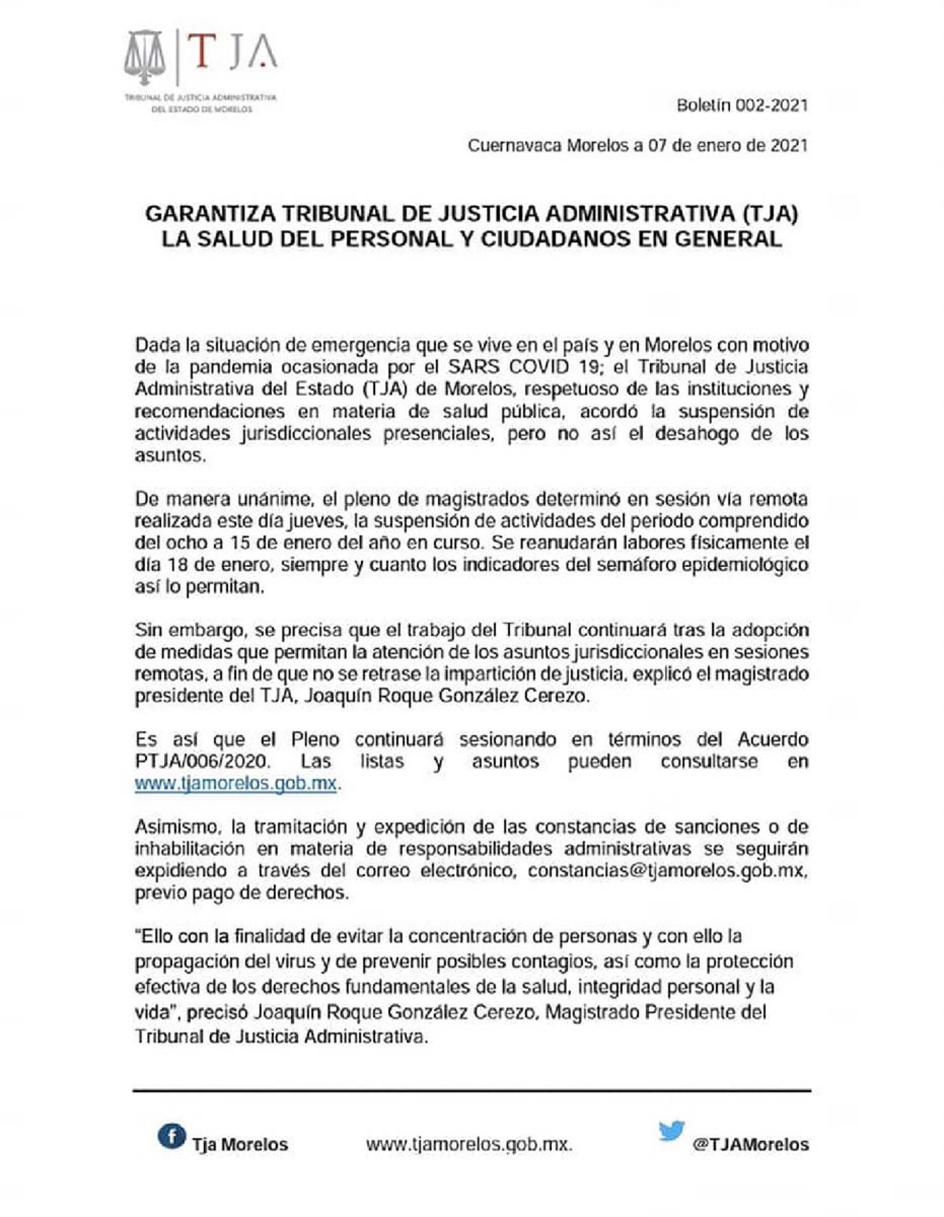 El TJA también extiende suspensión de labores