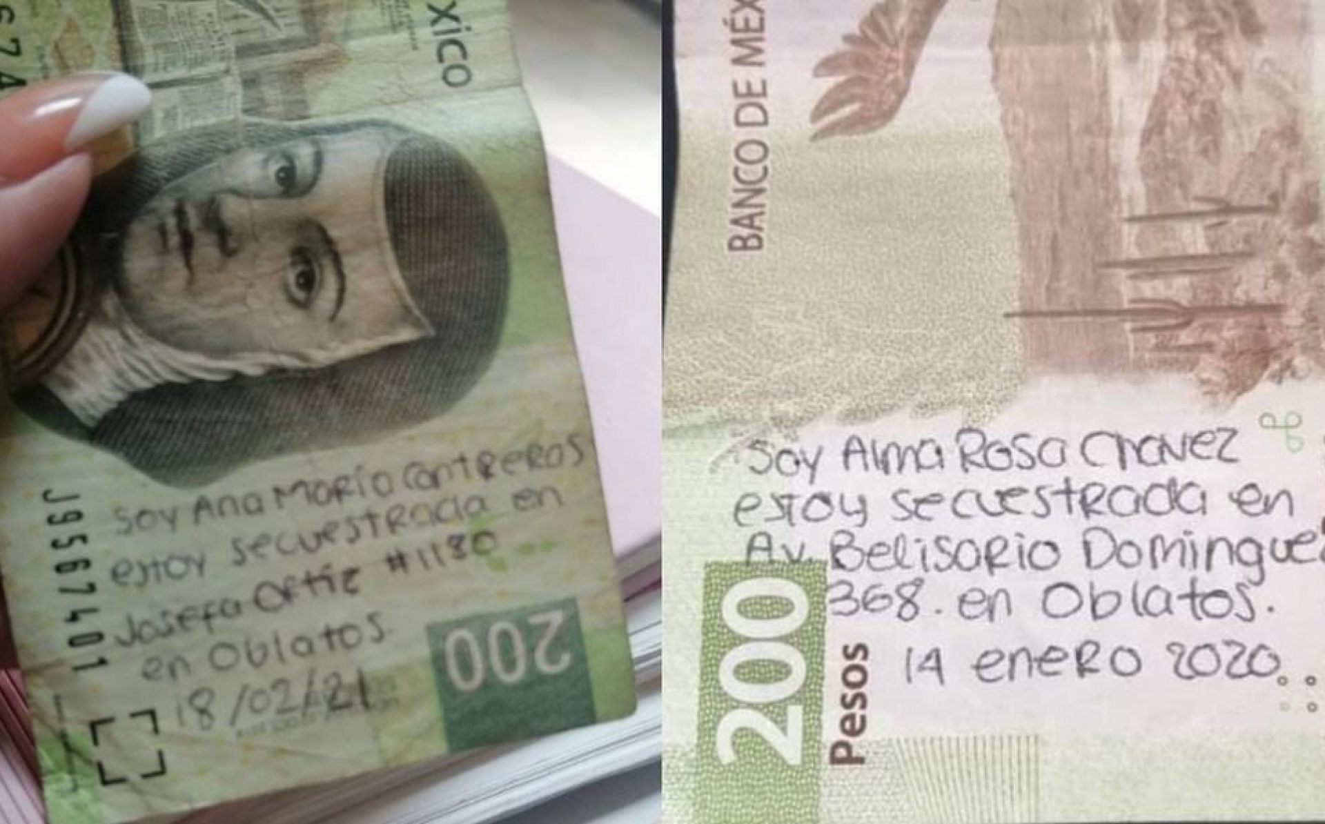 Circulan billetes de $200 con mensajes de auxilio por secuestro