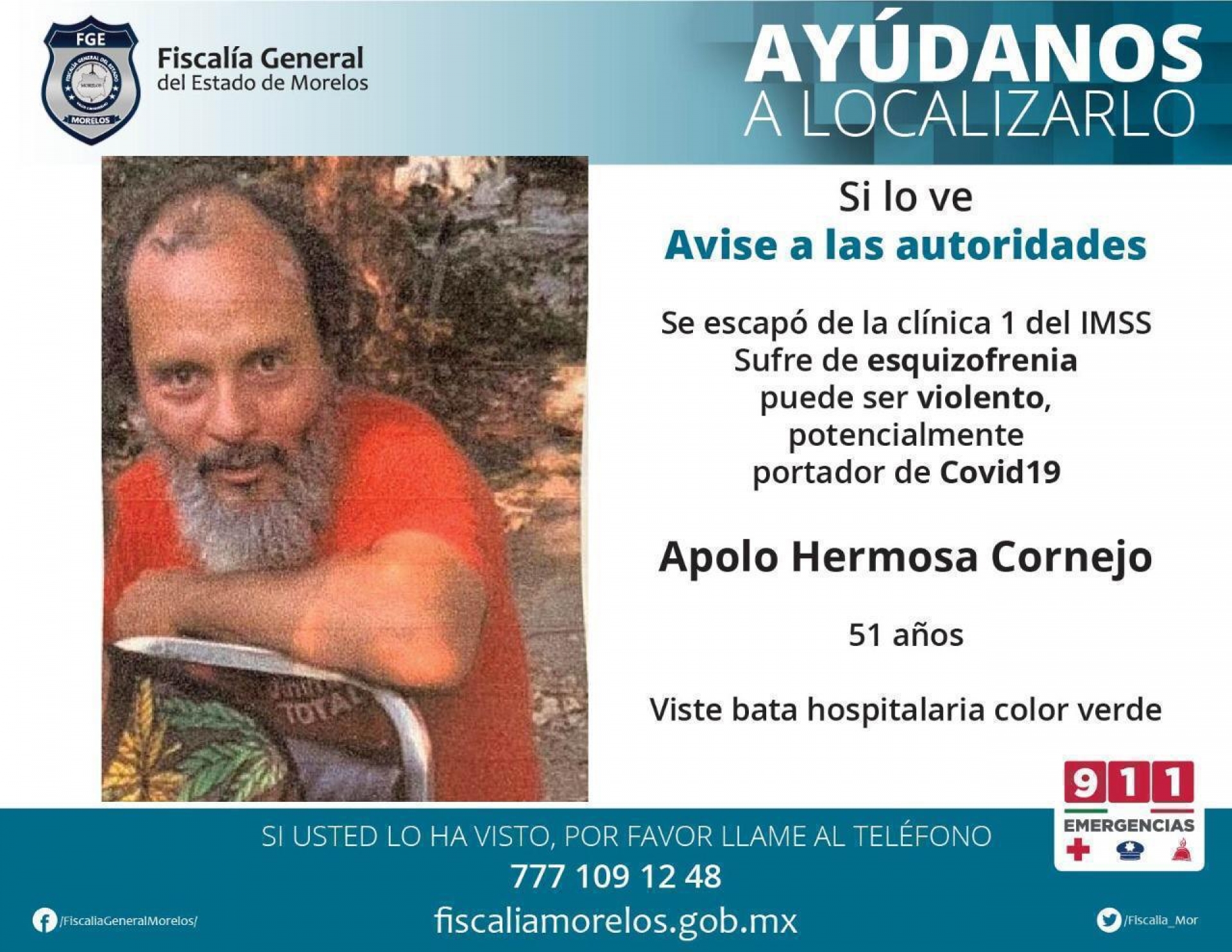 Pide FGE colaboración para localizar a paciente probable portador de covid-19