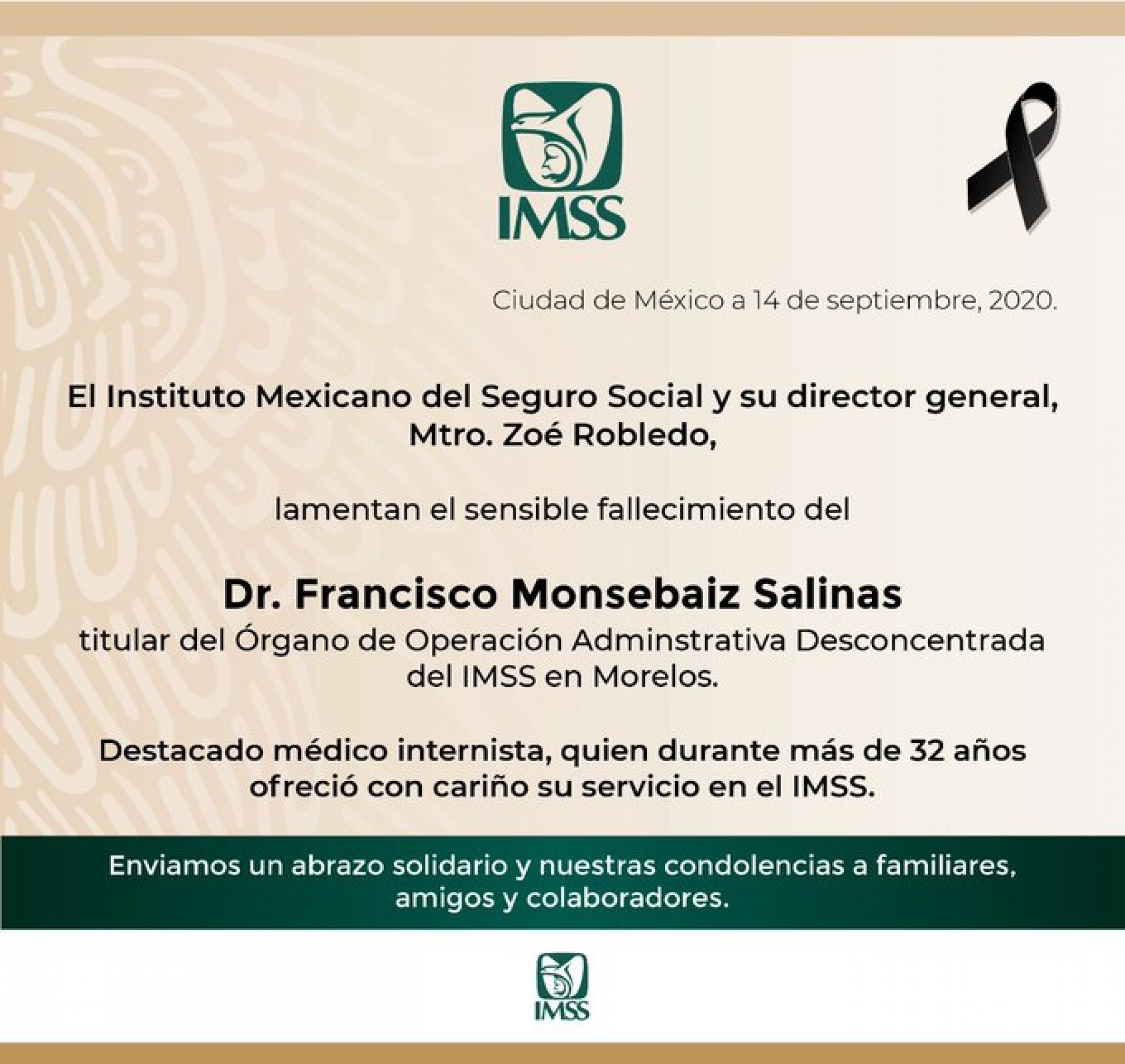 Lamenta IMSS fallecimiento del doctor Francisco Monsebaiz