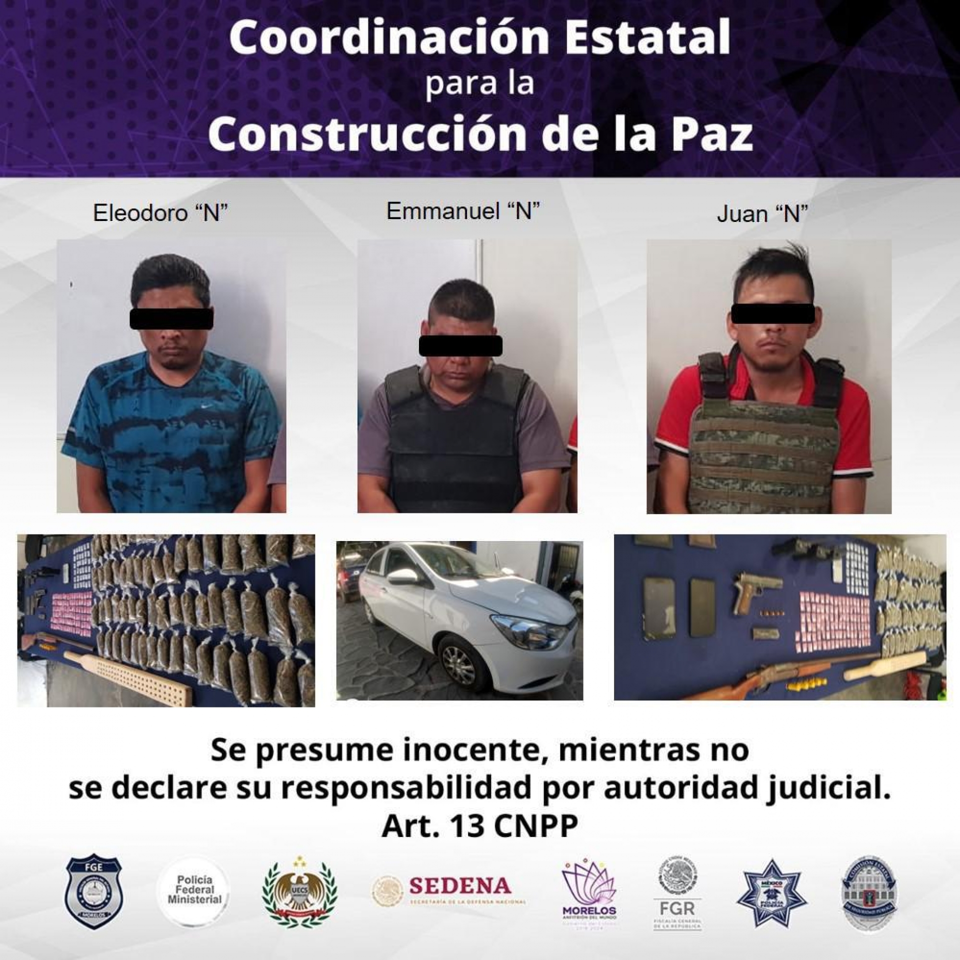 Detienen a tres personas en posesión de droga y armas de fuego, en Jojutla