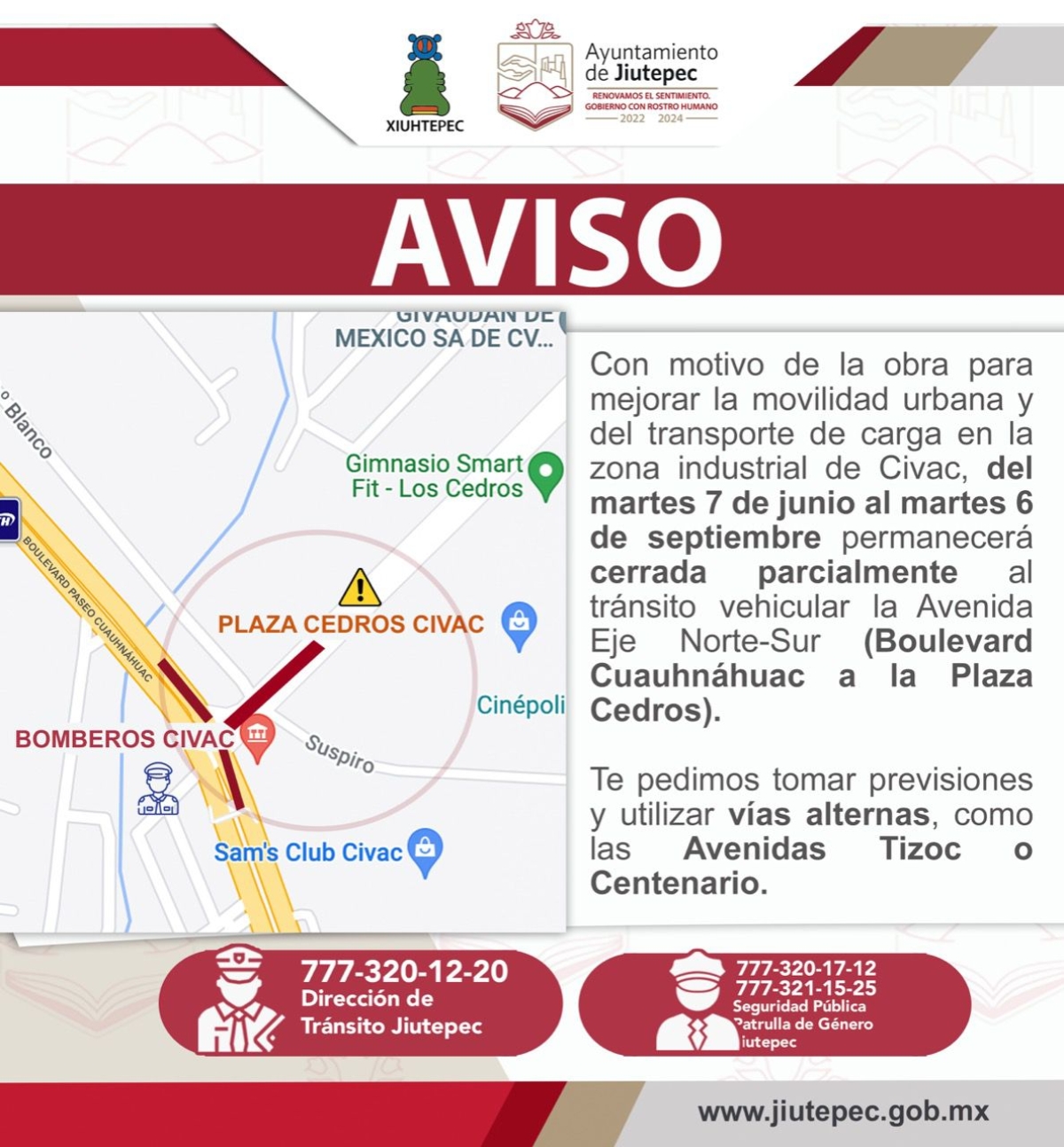 Cierre parcial al tránsito vehicular en la avenida Eje Norte-Sur, en Jiutepec