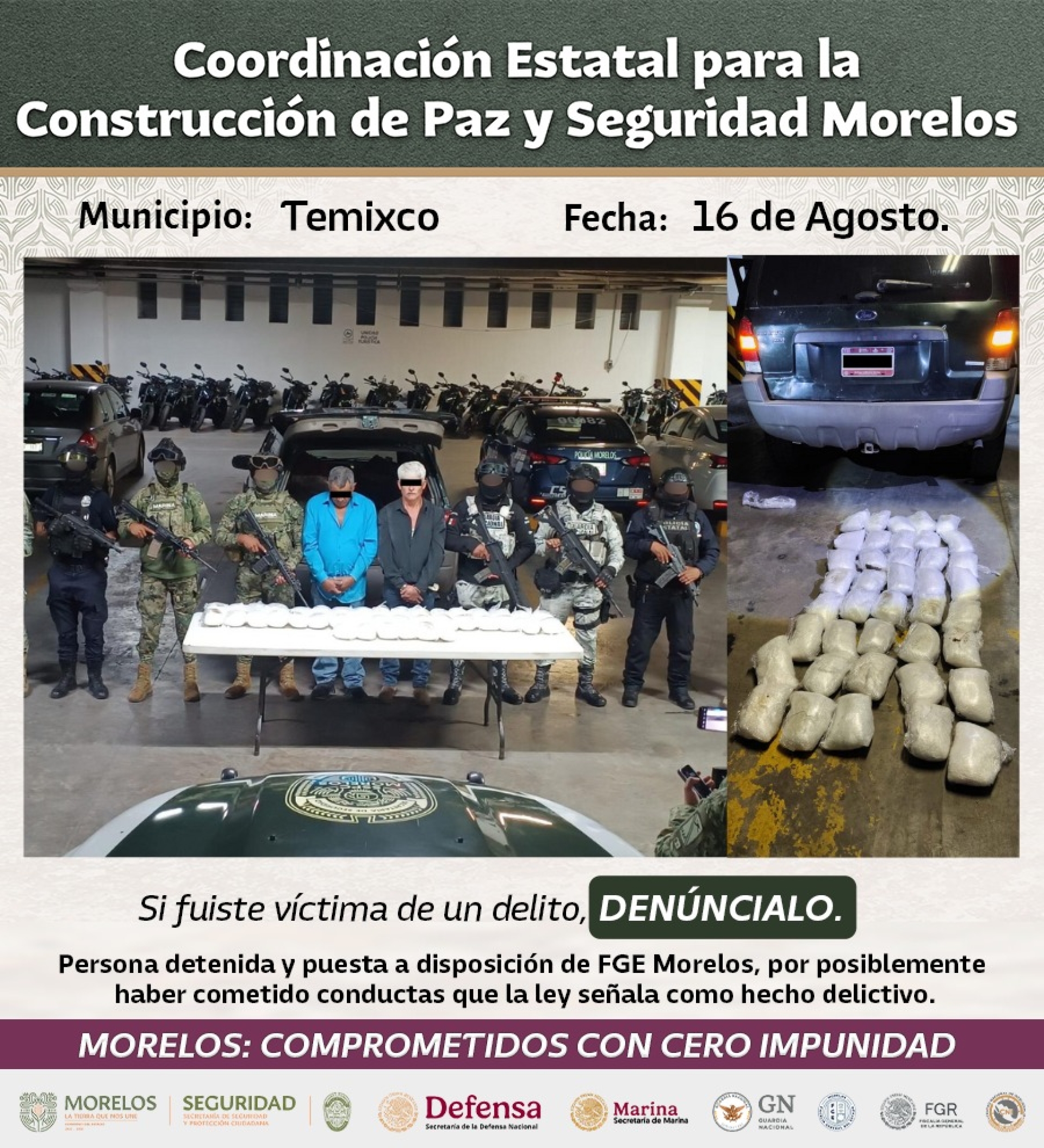 Aseguran integrantes de la Mesa de Coordinación Estatal a dos personas con 40 kilos de sustancia similar al 'cristal'