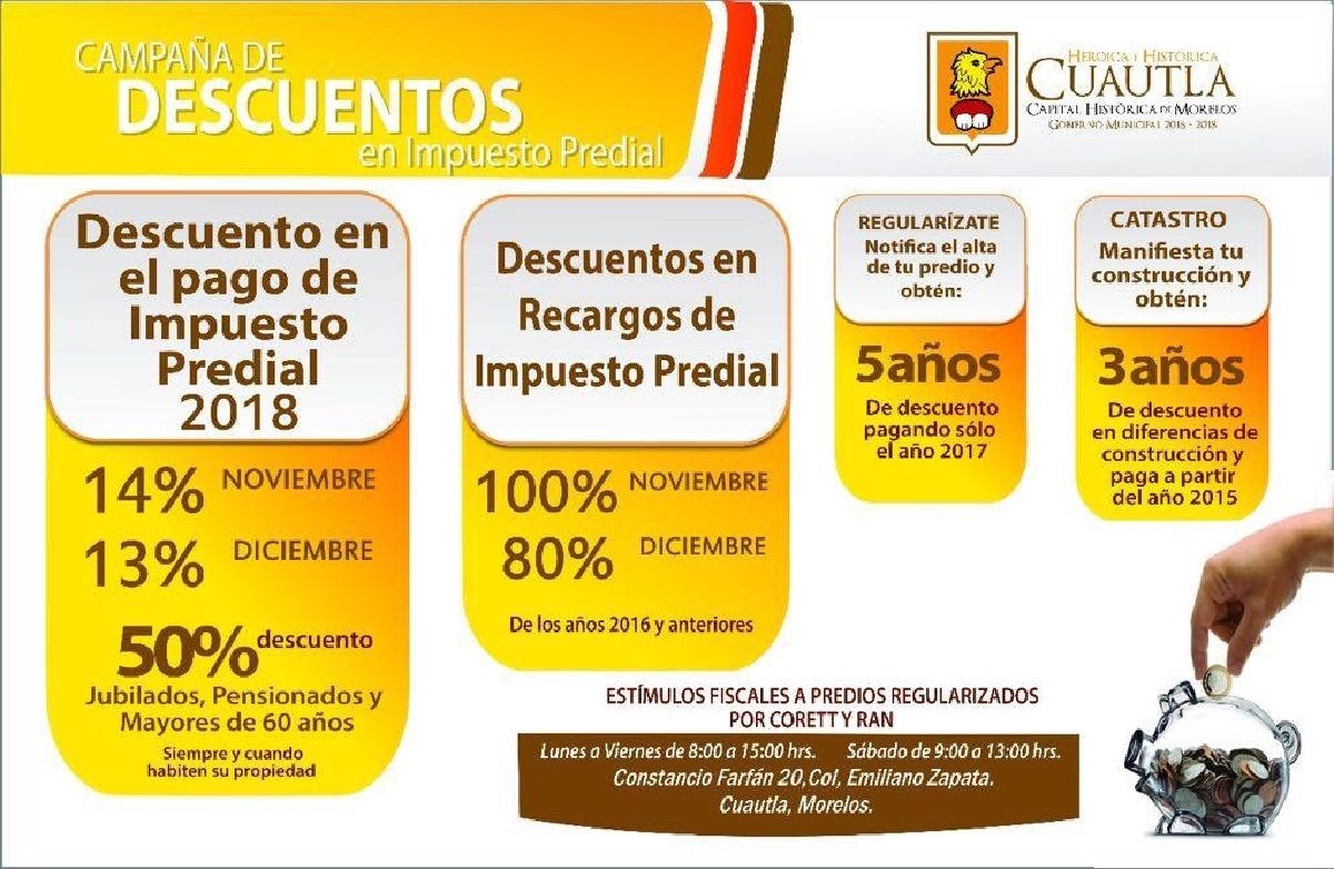 Ofrece Cuautla descuentos por pago anticipado del predial
