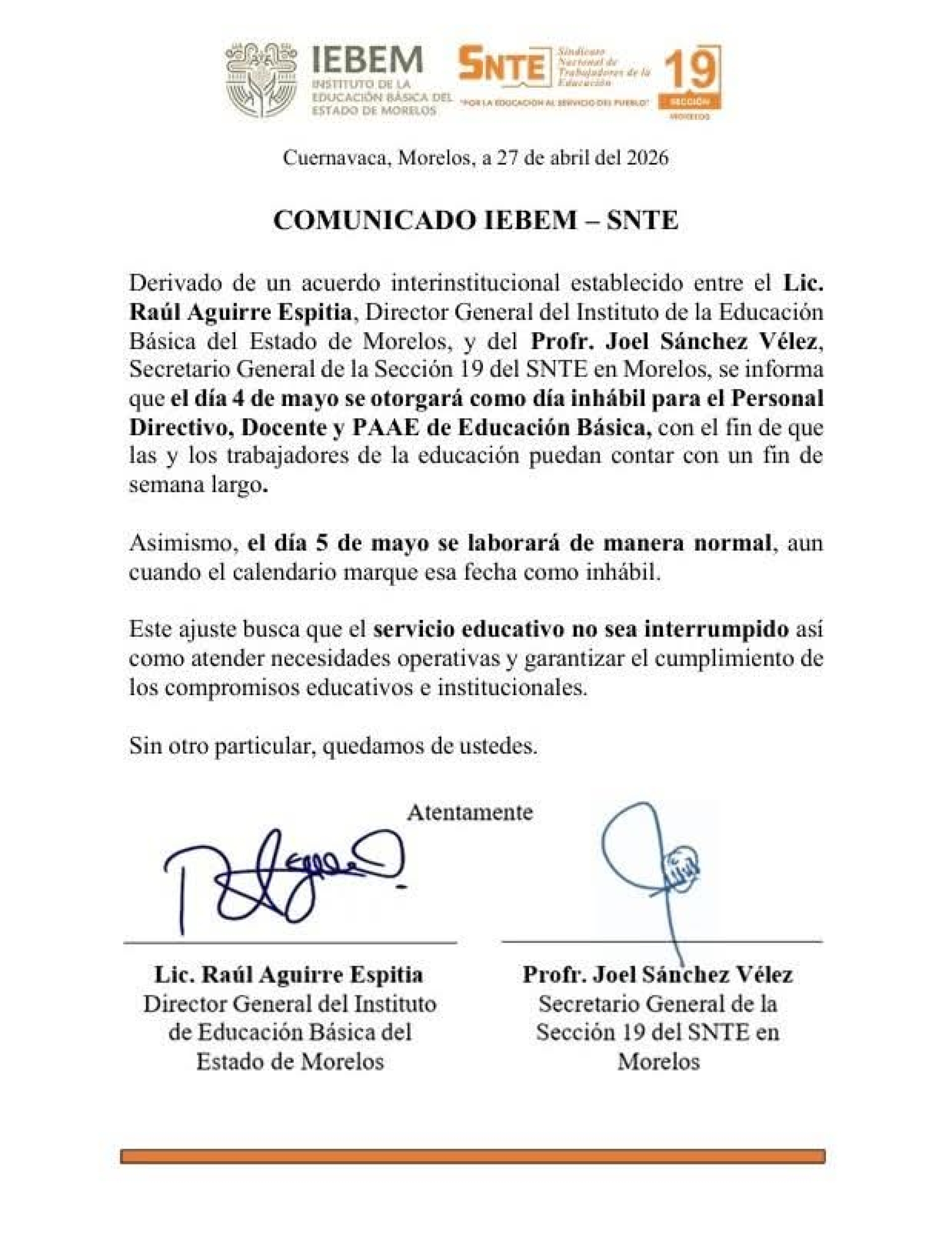 No habrá clases el martes, acuerdan SNTE y el IEBEM