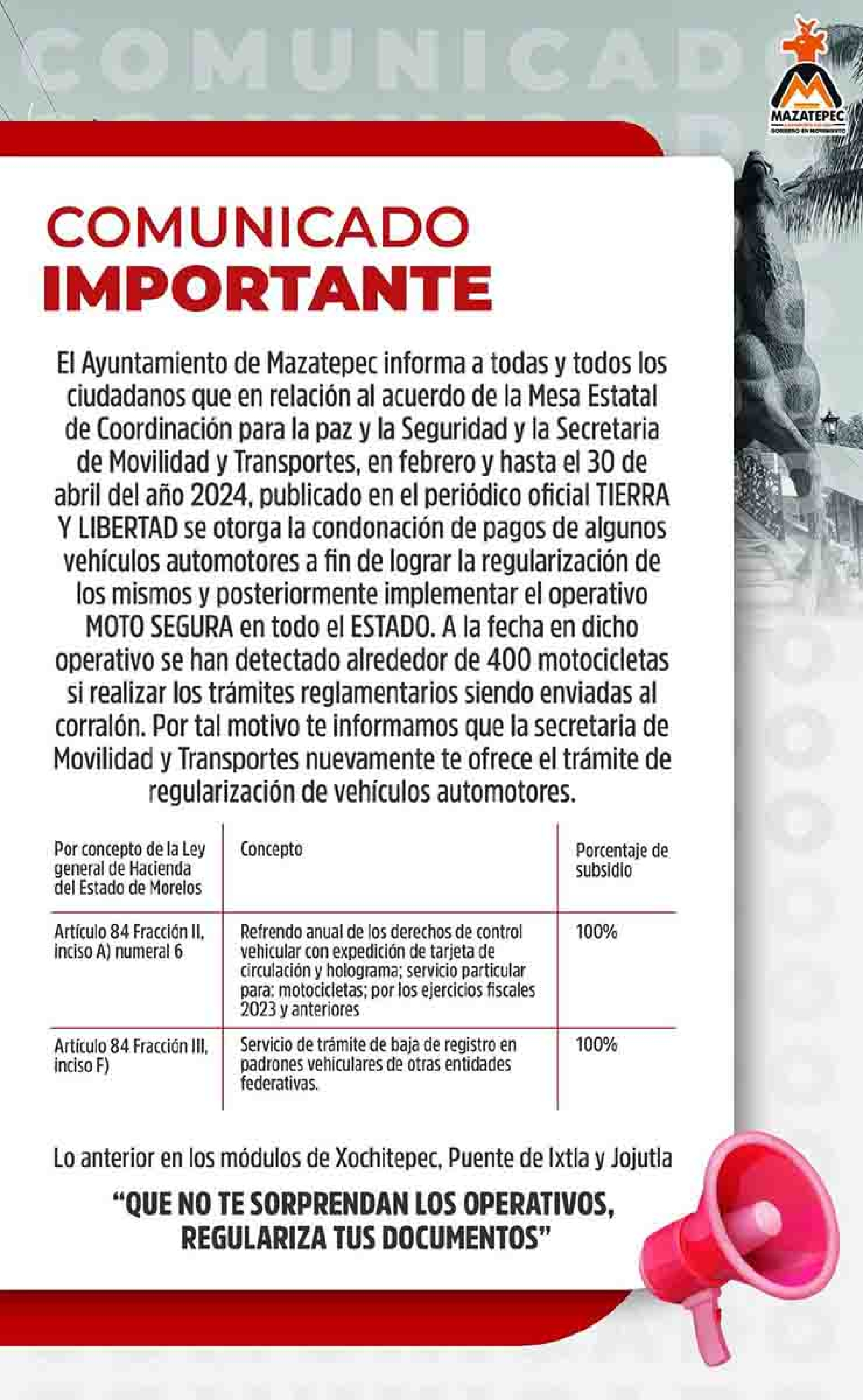 Anuncian operativo 'Moto Segura' en municipios del poniente