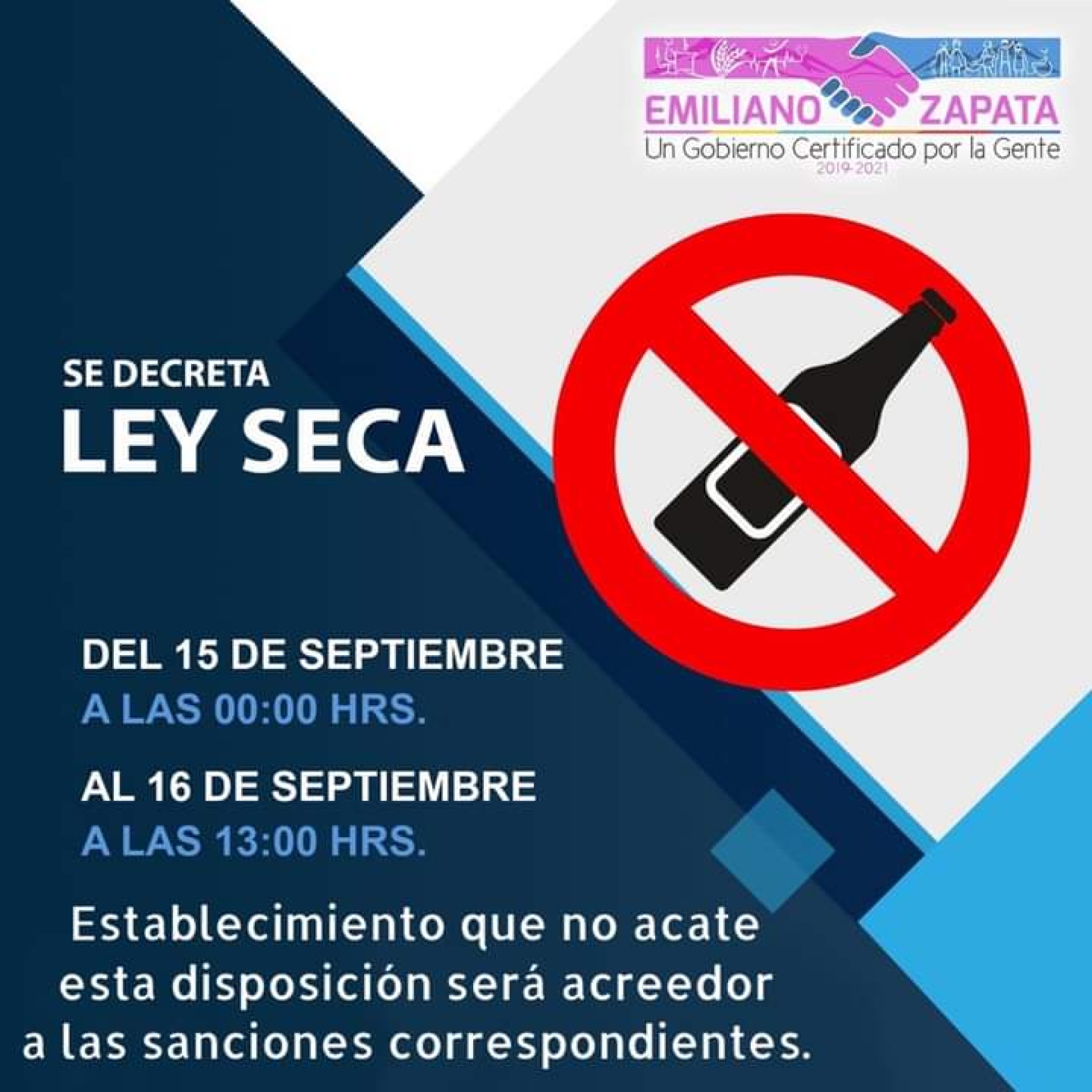 Aplican 'ley seca' en varios municipios, este 15 y 16 de septiembre