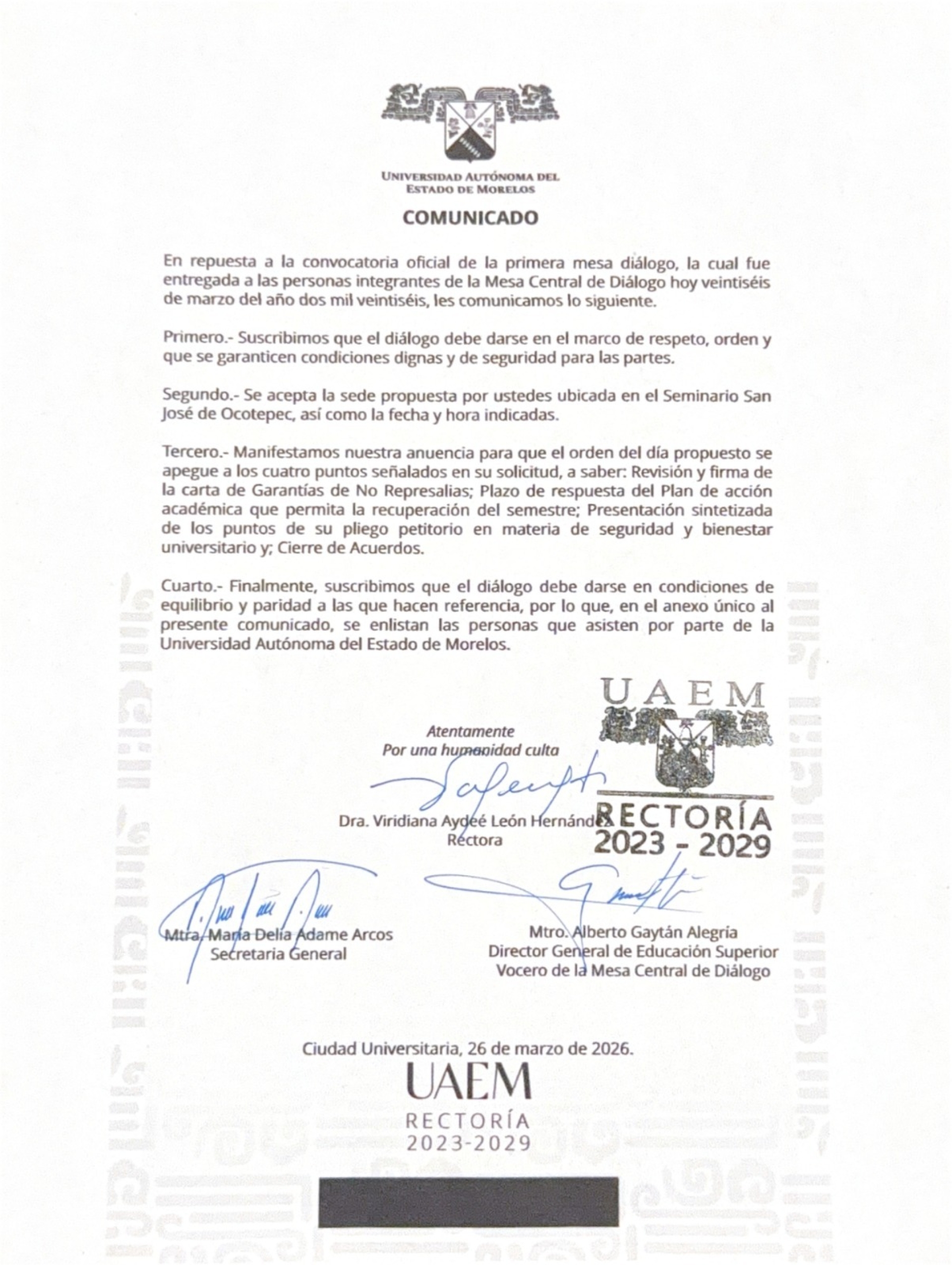 Acepta UAEM sede del Seminario Mayor para entablar mesa de diálogo con estudiantes