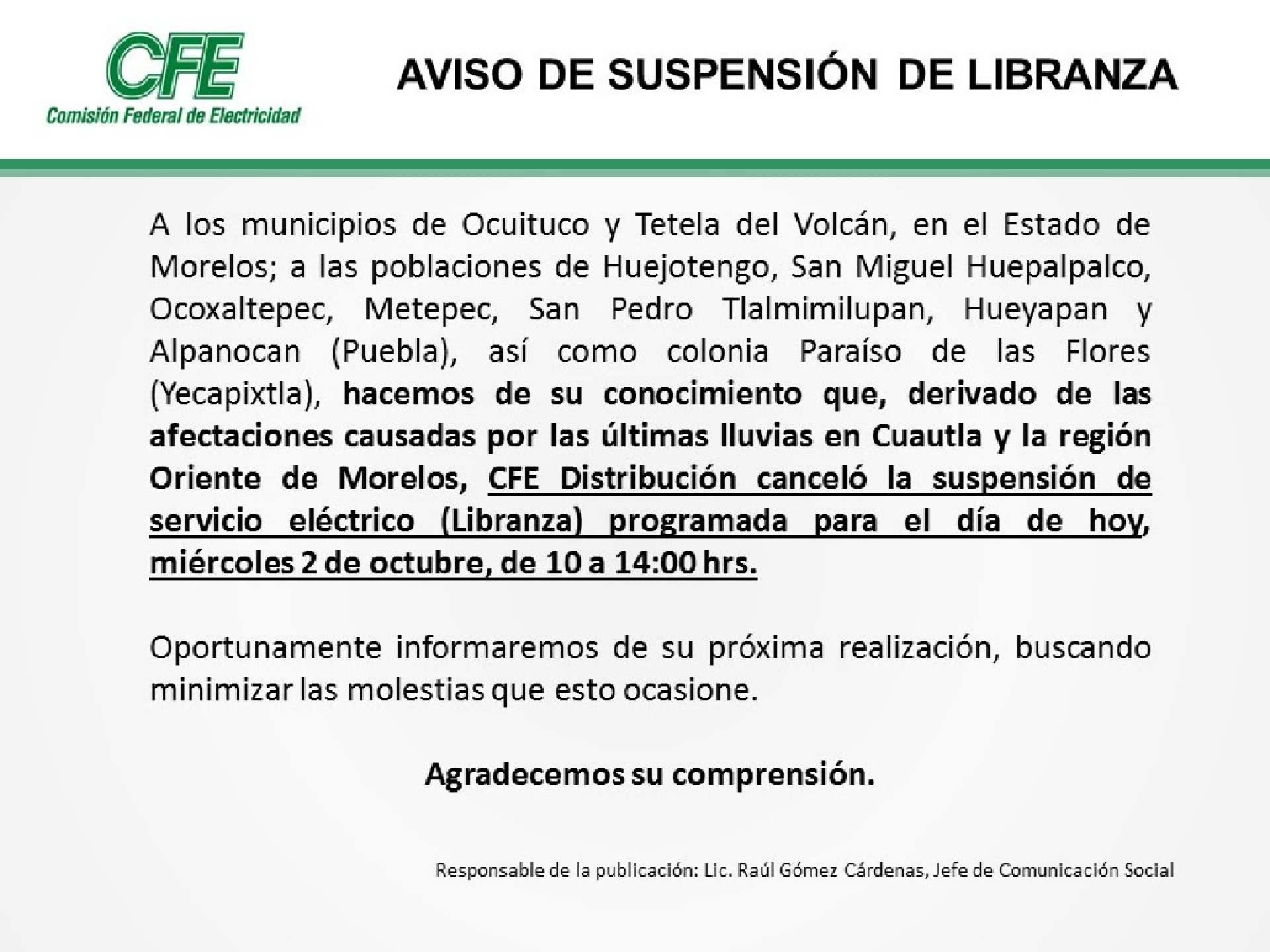 Pospone la CFE trabajos en la zona oriente