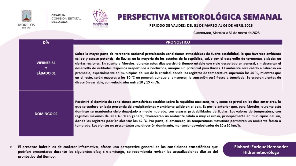 Cielo despejado y temperaturas cálidas para primer fin de semana de abril en Morelos