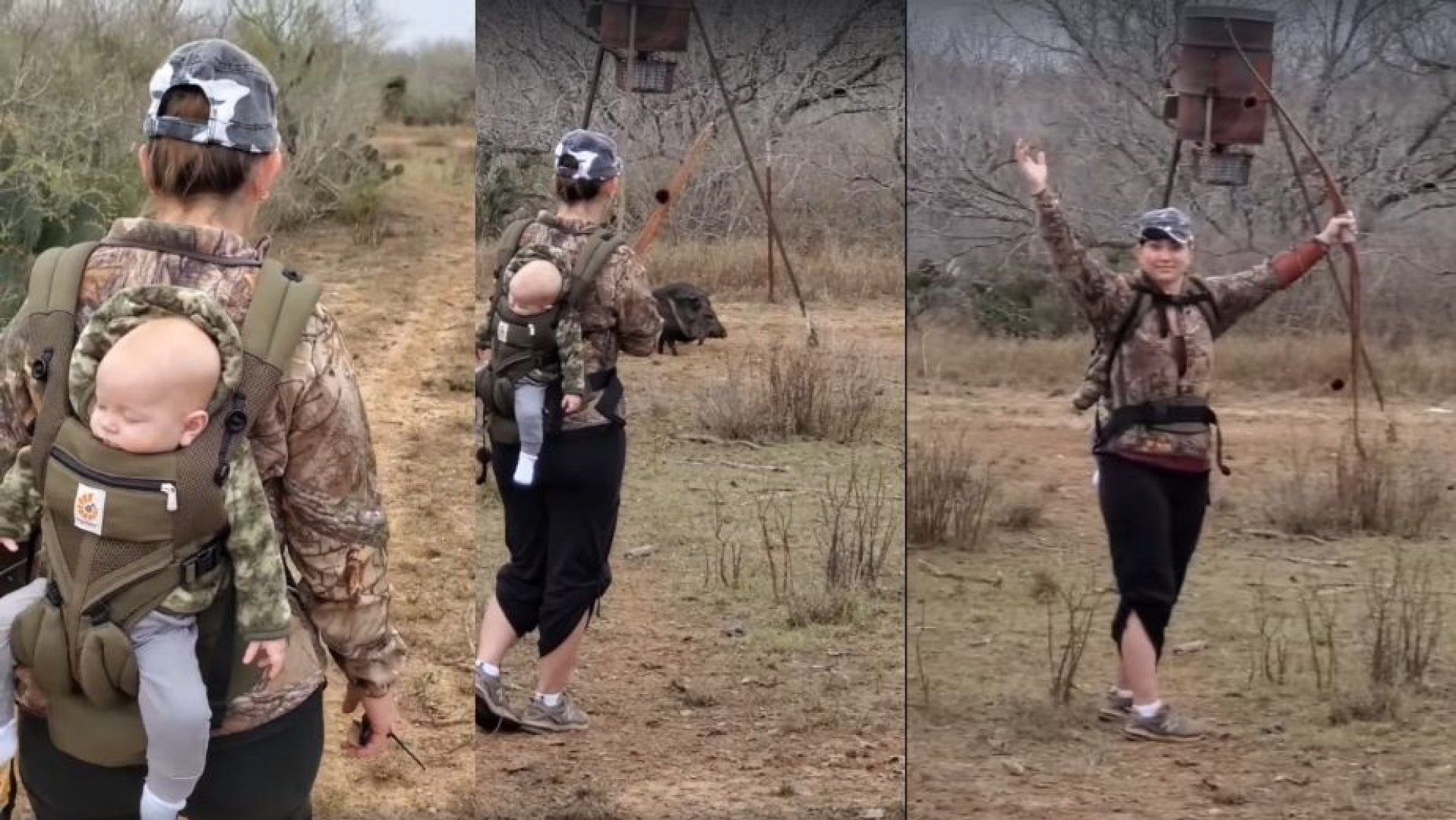Una mamá caza a un jabalí con arco y flecha, mientras lleva a su bebé en la espalda