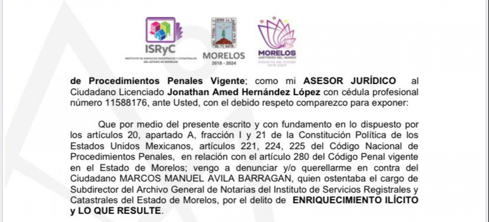 Denuncia directora del ISRyC a Manuel Ávila Barragán, por presunto enriquecimiento ilícito