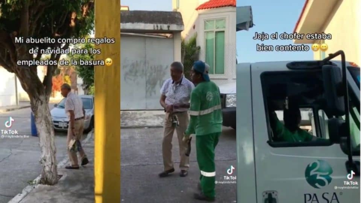 Abuelito da regalos a trabajadores del camión de la basura