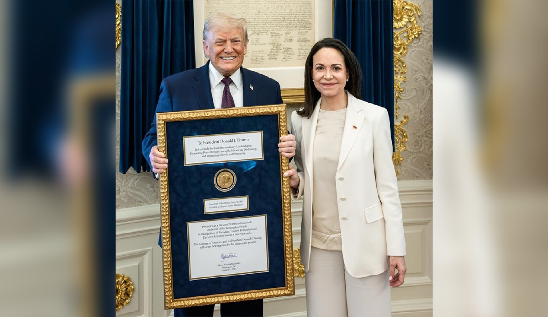 Machado entrega a Trump medalla Nobel en gesto simbólico de gratitud