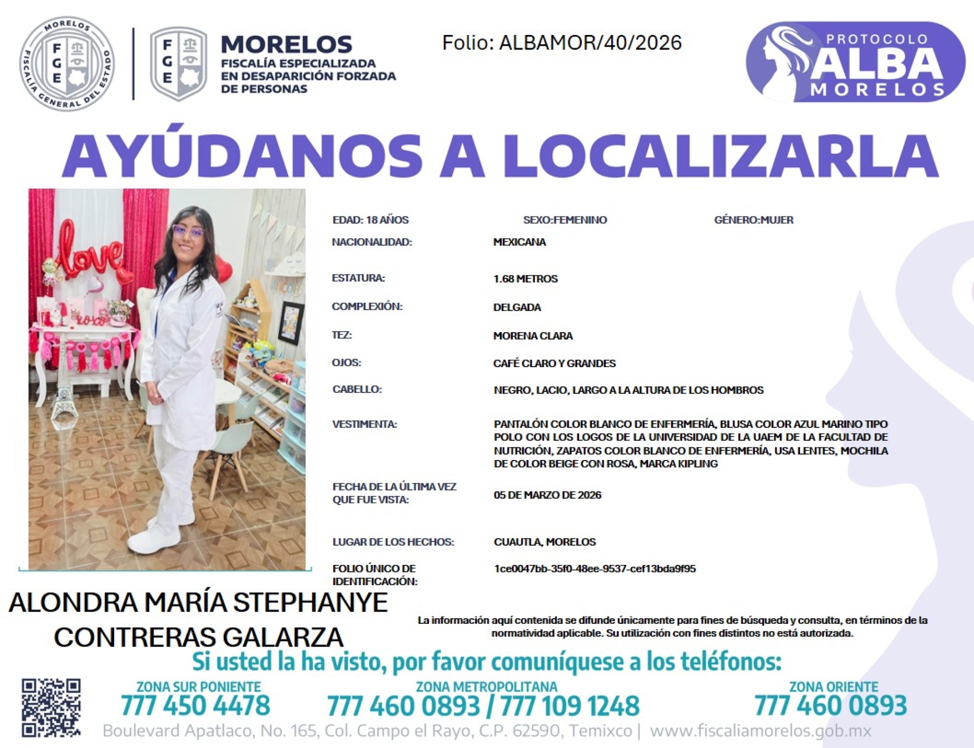 Emite FGE ficha de búsqueda para localizar a Alondra María Stephanye Contreras Galarza
