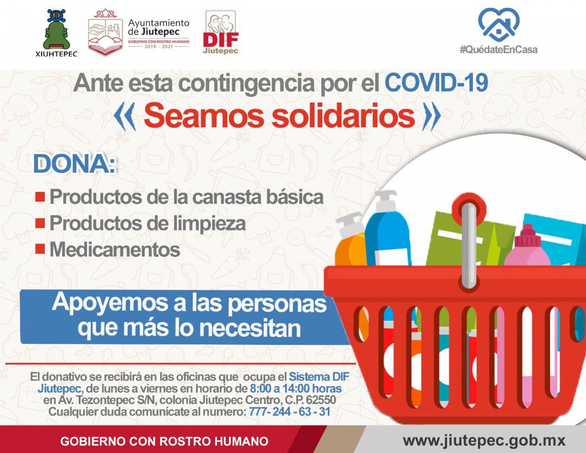 Invita DIF Jiutepec a donar productos de la canasta básica, de limpieza y medicamentos
