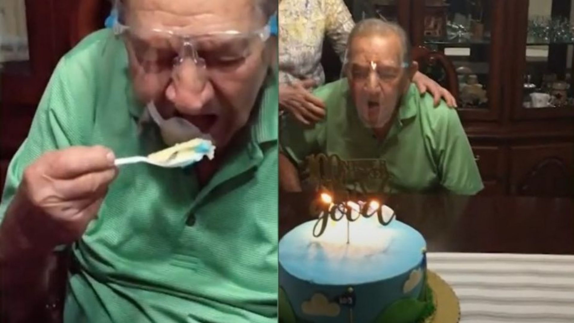 Abuelito intenta soplar y comer su pastel con todo y careta