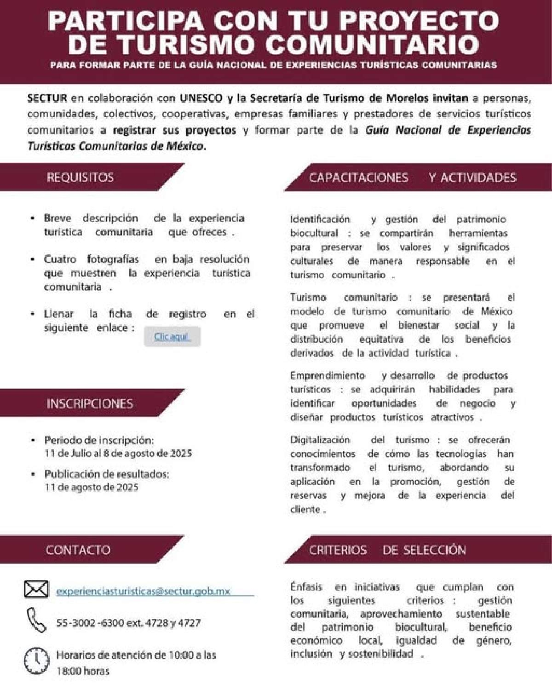Convocan a formar parte de la Guía Nacional de Experiencias Turísticas Comunitarias
