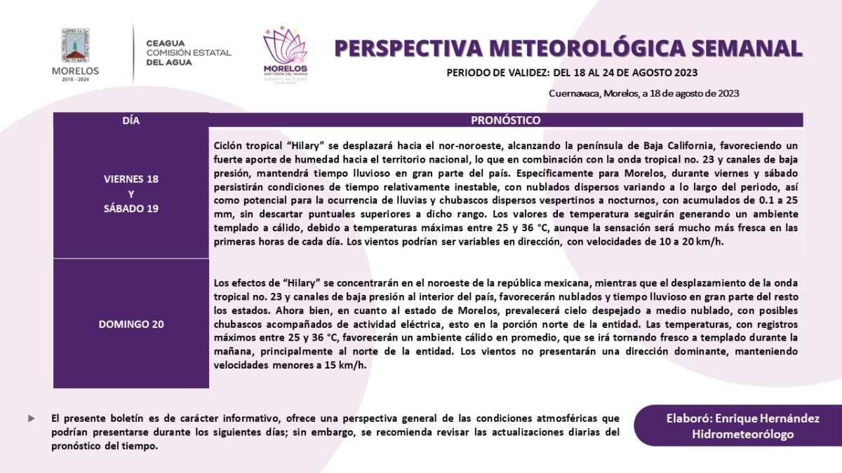 Ciclón tropical 'Hilary' traerá lluvia para este fin de semana en Morelos