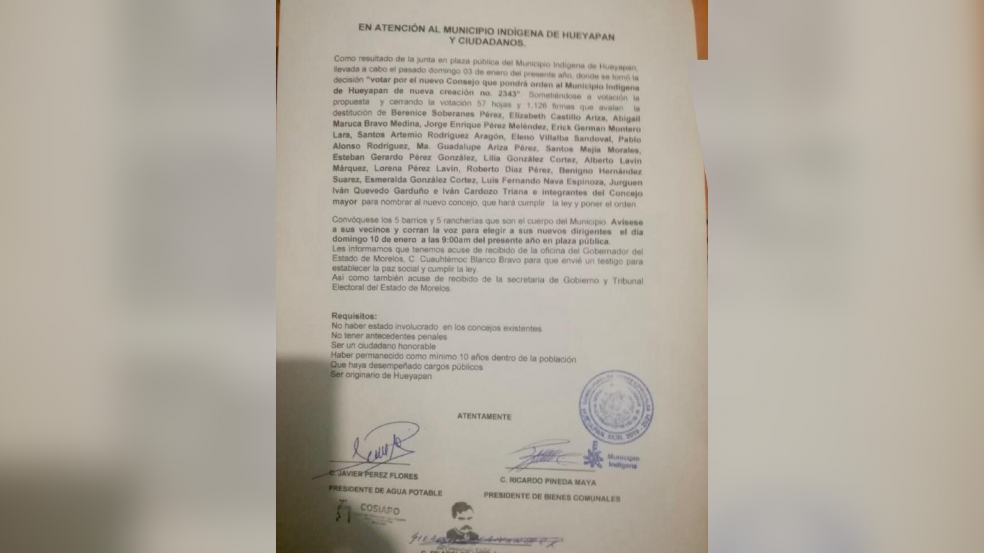 En un ambiente de tensión convocan a elegir nuevo Consejo Municipal en Hueyapan