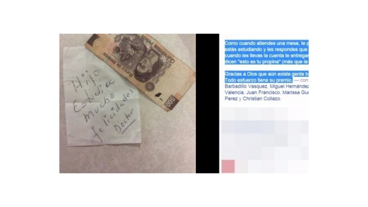 Deja propina de 500 pesos y emotivo mensaje para su mesero