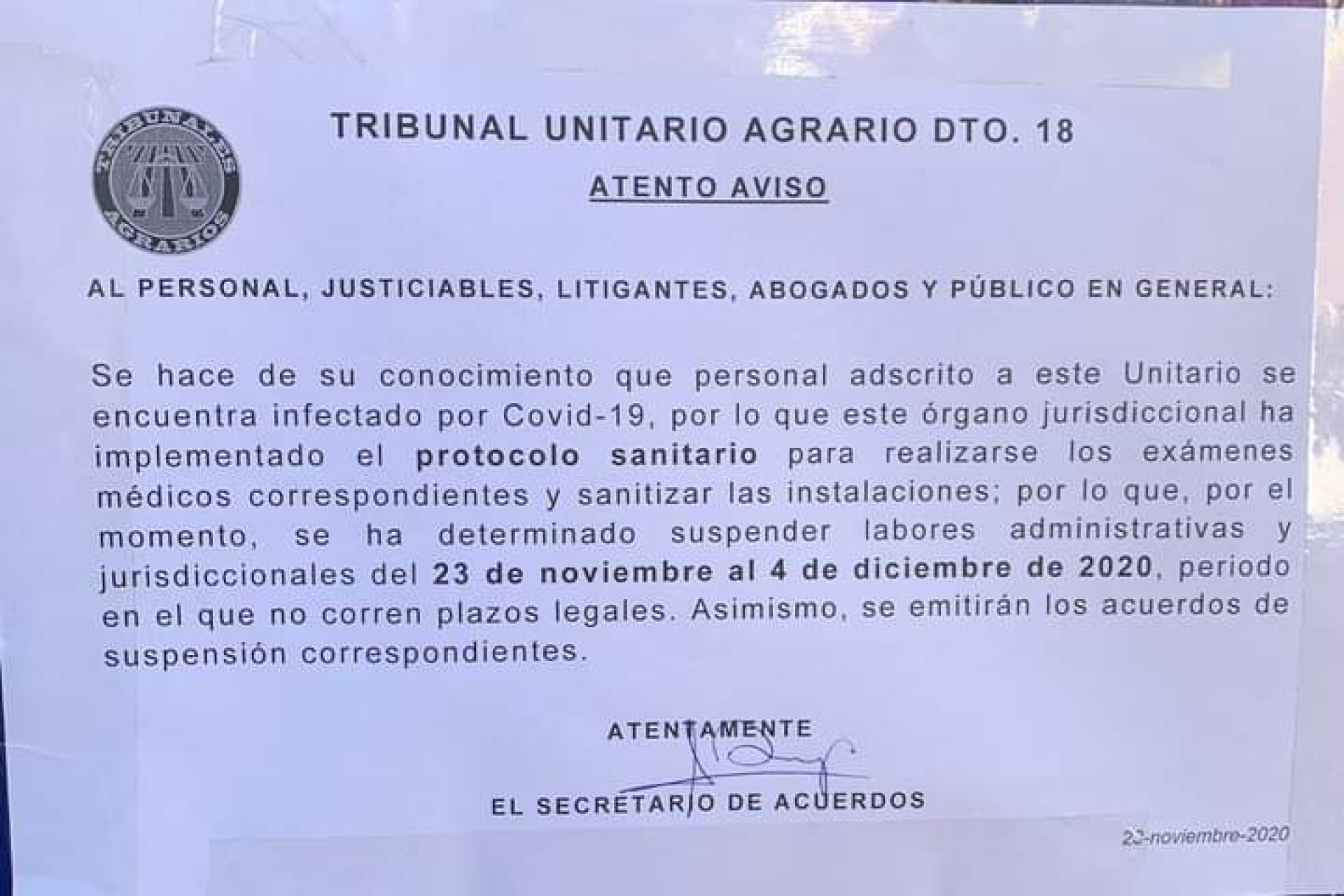 Suspende TUA actividad administrativa y jurisdiccional por protocolo sanitario