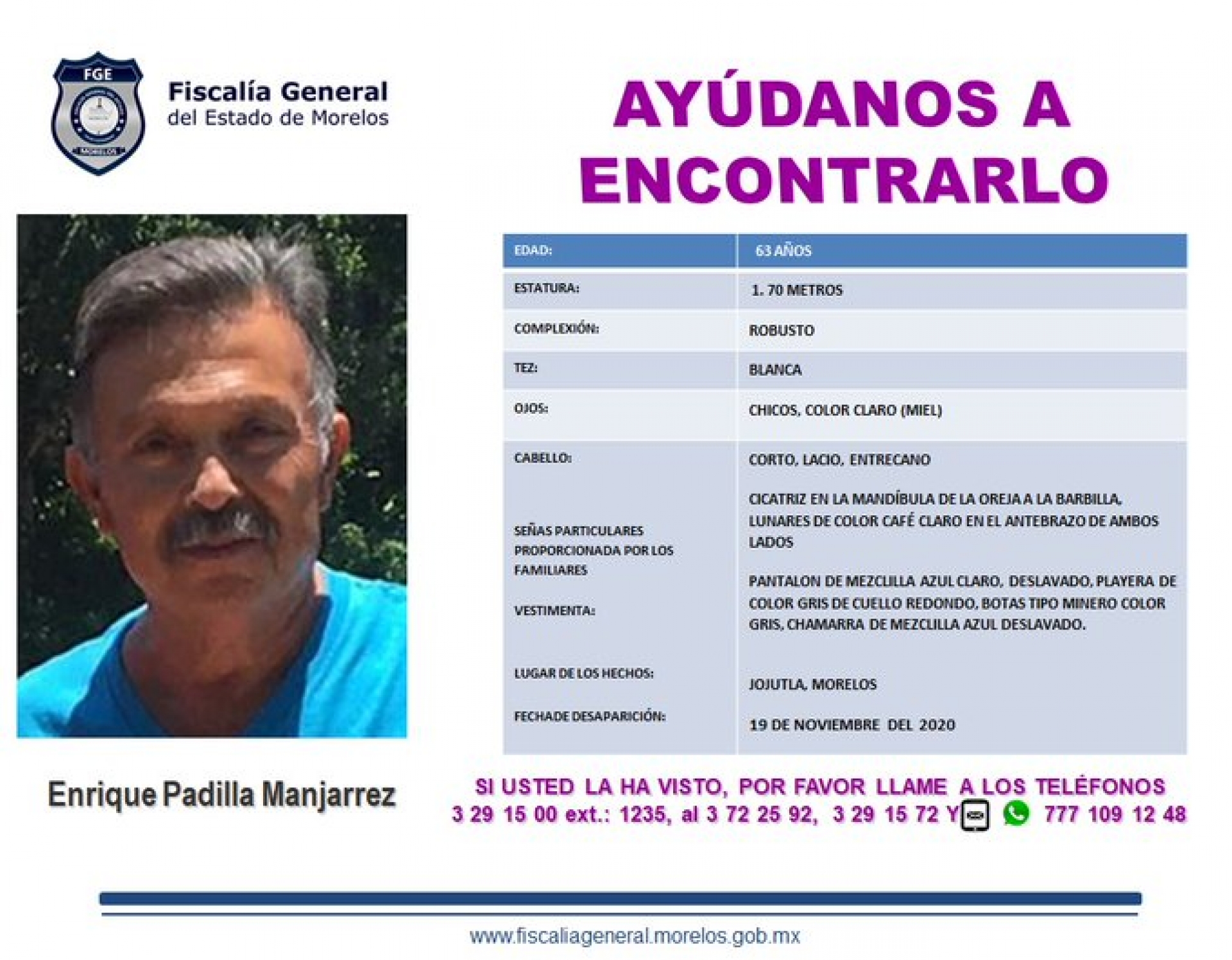 Buscan a hombre de 63 años de edad que desapareció en Jojutla