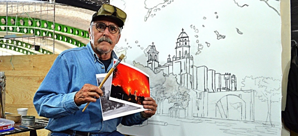 Pinta al óleo incendio de Tepoztlán Silverio Saiz Zorrilla
