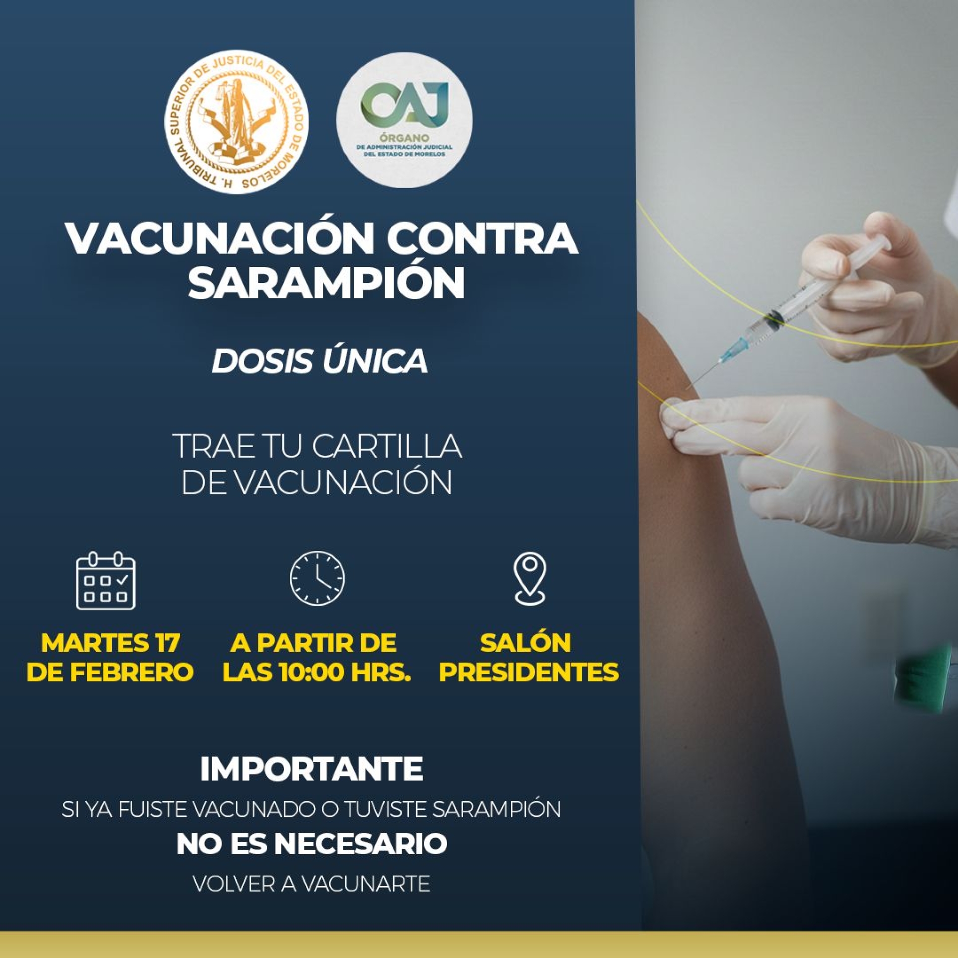 Acuerda Ejecutivo estatal con TSJ vacunación contra sarampión para personal del Poder Judicial