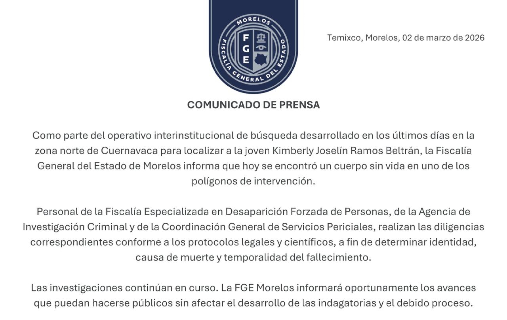 Encuentran cuerpo sin vida en polígono de búsqueda de Kimberly Ramos Beltrán, en zona norte de Cuernavaca