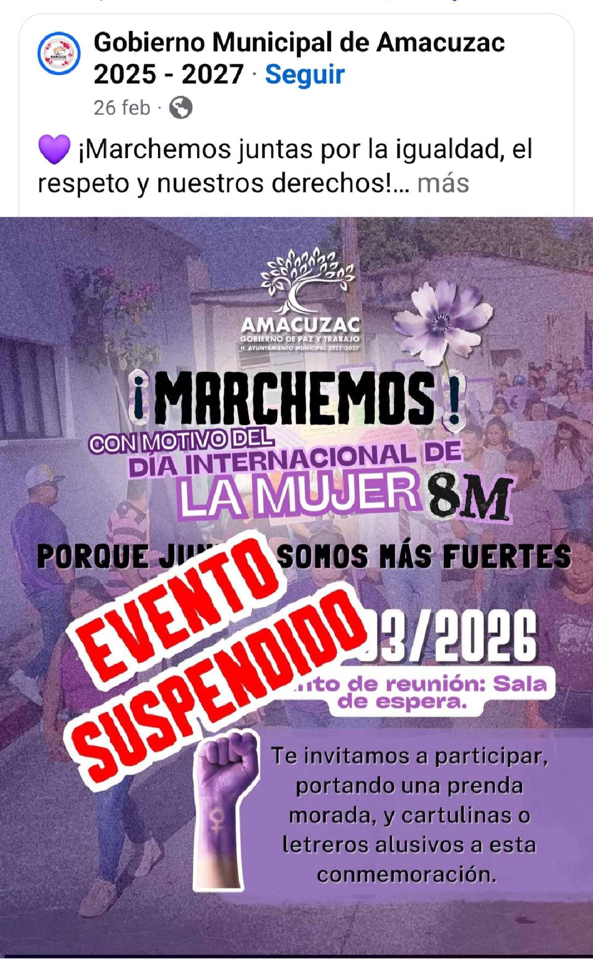Suspenden marcha por el Día Internacional de la Mujer en Amacuzac